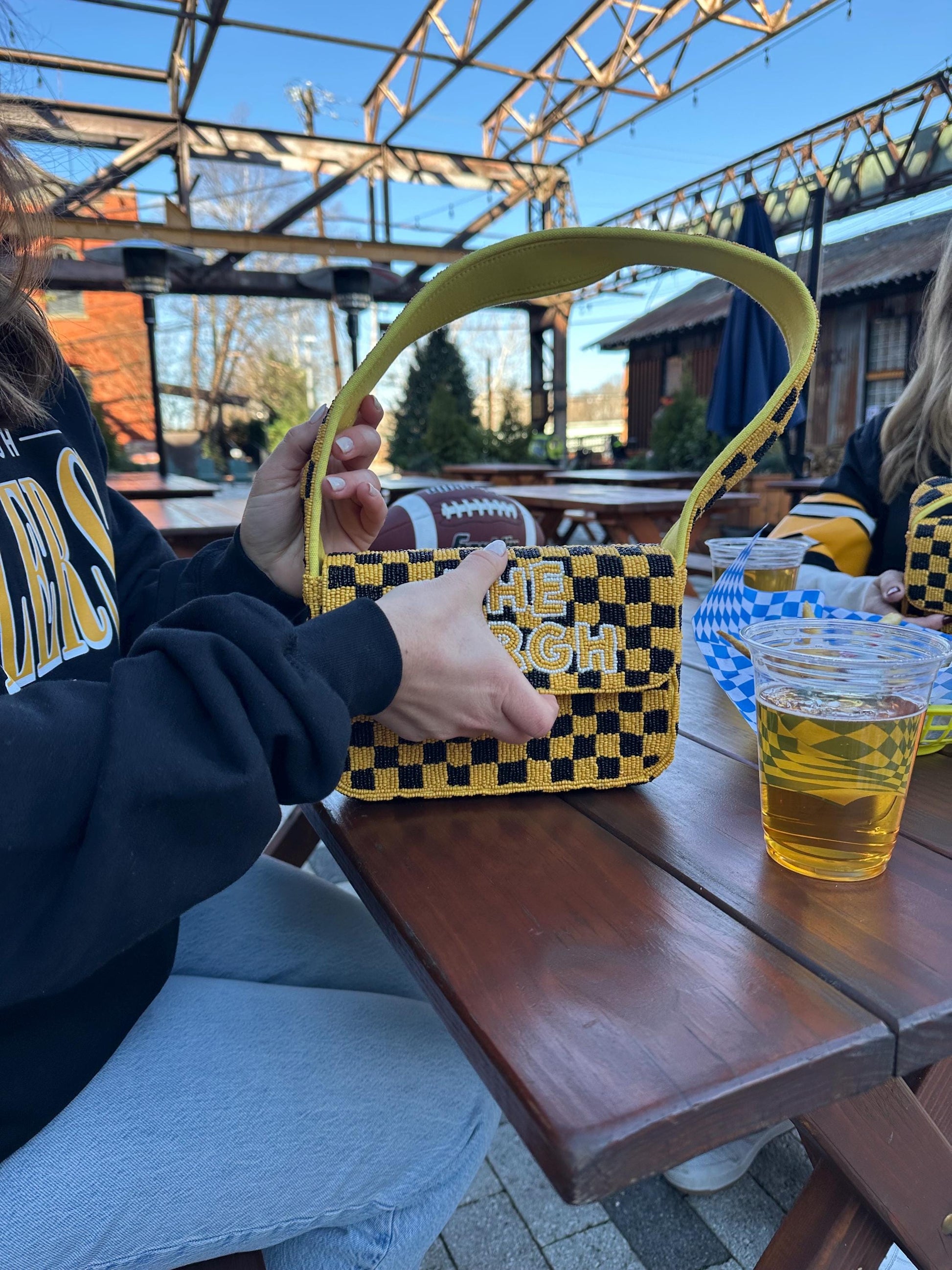Pittsburgh White & Yellow Checkered "THE BURGH" Beaded Shoulder Bag – Handmade Shoulder Bag | Game Day Fashion | NOT Stadium Approved