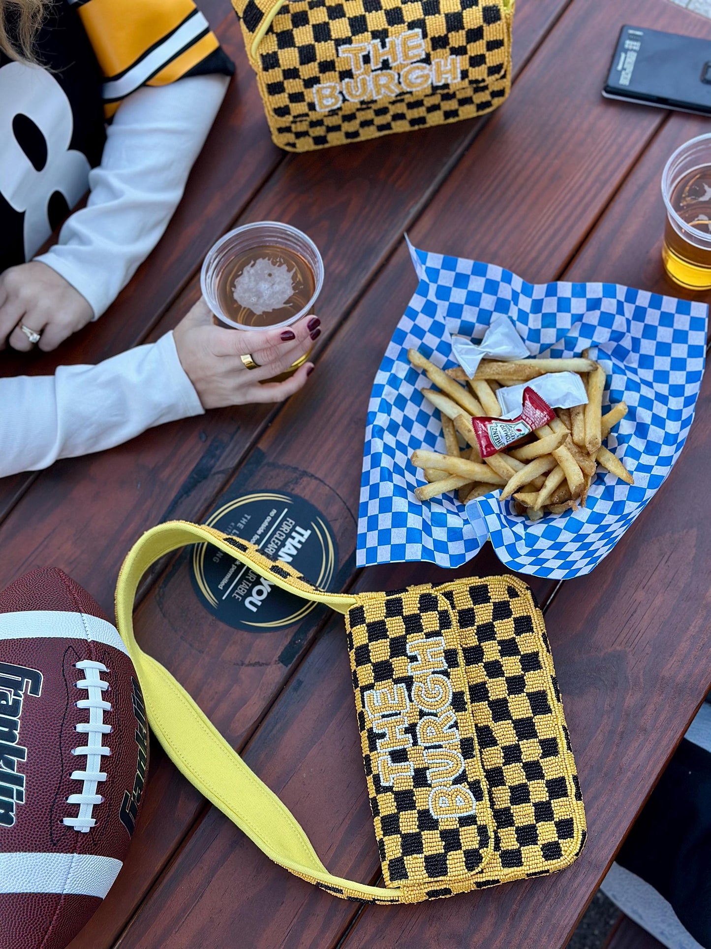 Pittsburgh White & Yellow Checkered "THE BURGH" Beaded Shoulder Bag – Handmade Shoulder Bag | Game Day Fashion | NOT Stadium Approved
