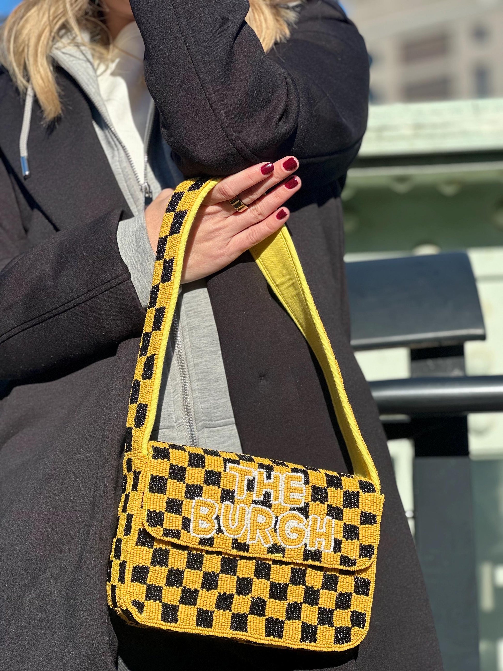 Pittsburgh White & Yellow Checkered "THE BURGH" Beaded Shoulder Bag – Handmade Shoulder Bag | Game Day Fashion | NOT Stadium Approved