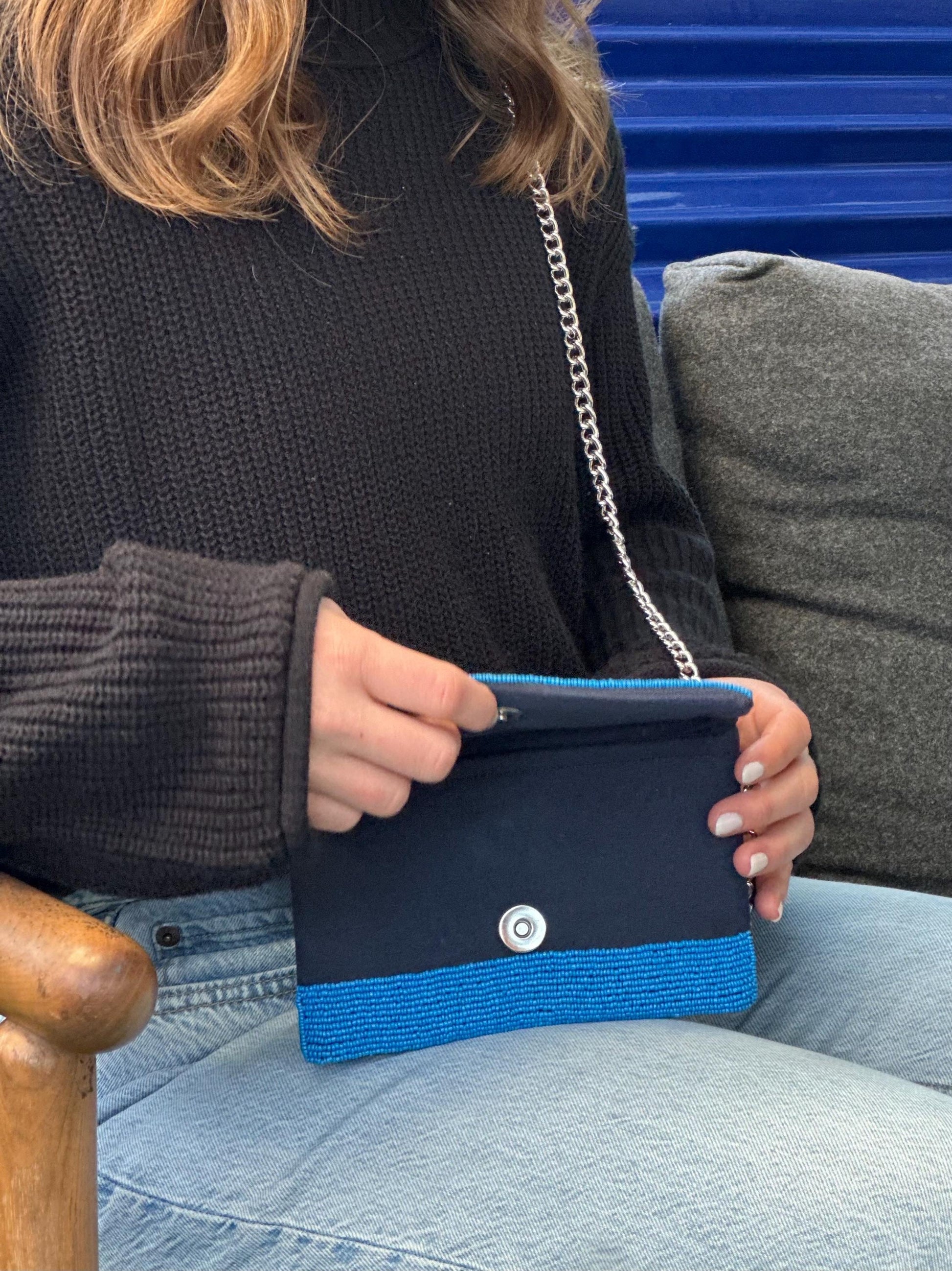 STADIUM-APPROVED- Philadelphia Baseball Blue Beaded Clutch with Shoulder Chain- Straight across flap