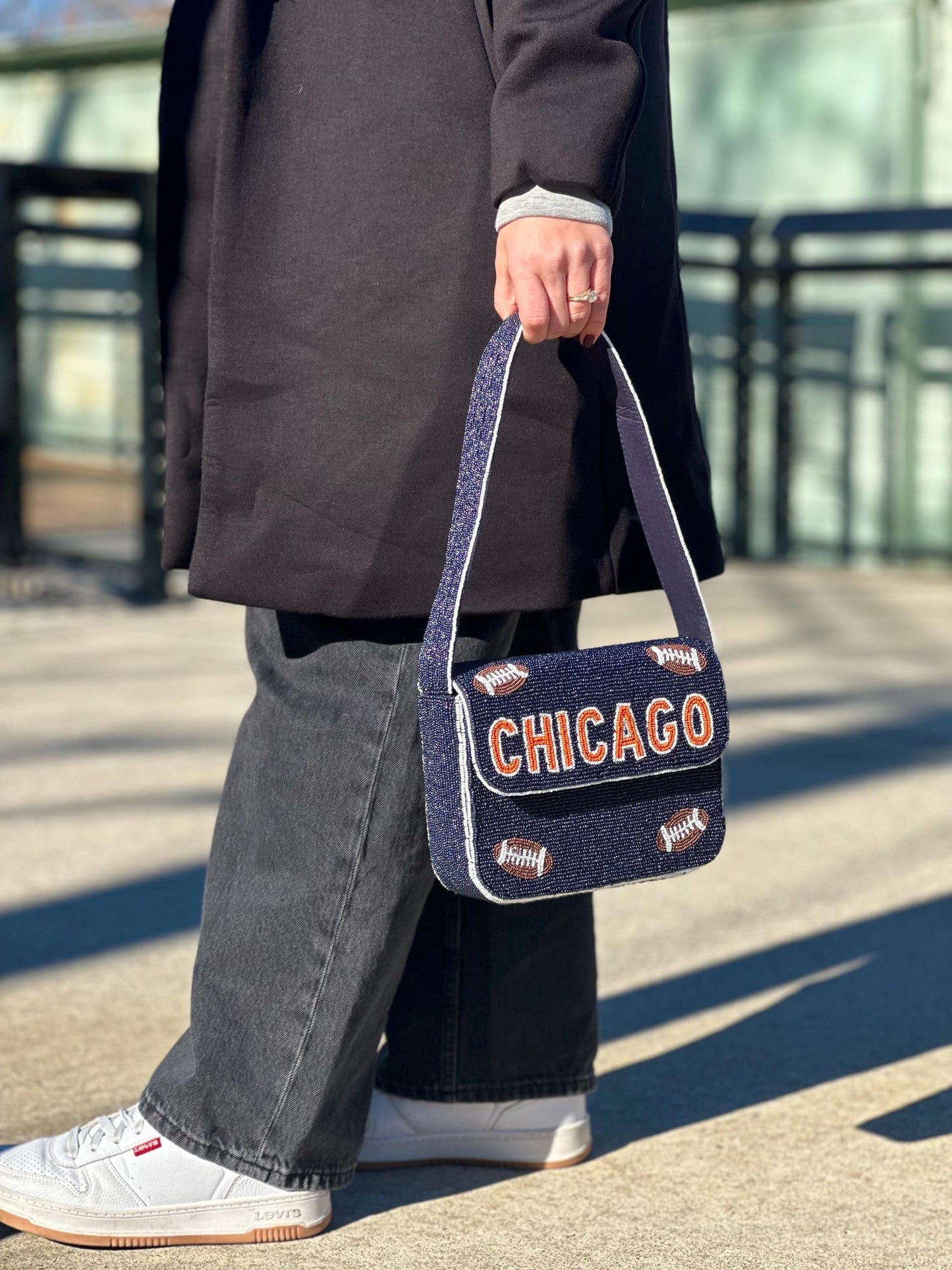Chicago Football Navy "CHICAGO" Beaded Shoulder Bag – Handmade Shoulder Bag | Game Day Fashion | NOT Stadium Approved