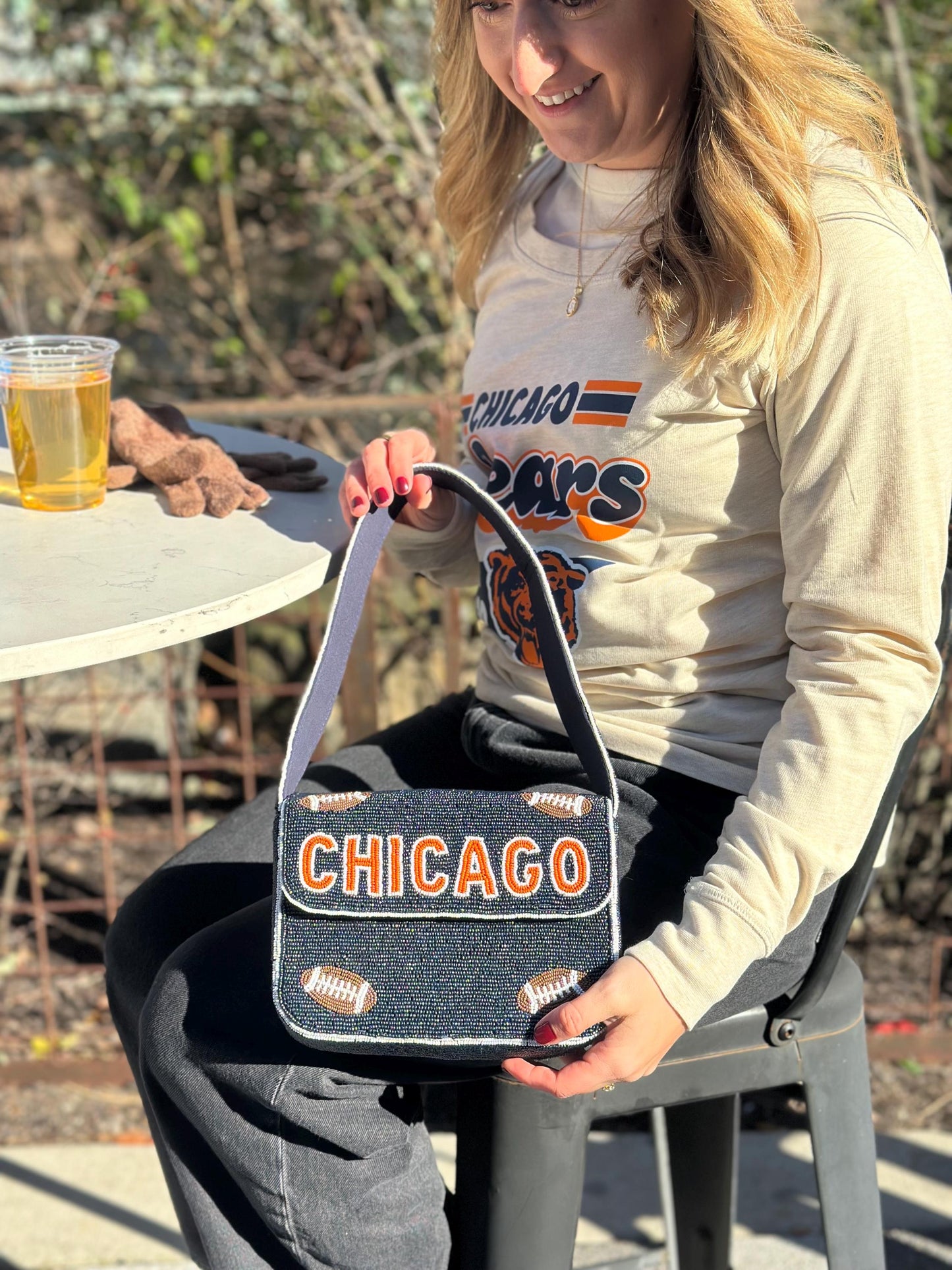 Chicago Football Navy "CHICAGO" Beaded Shoulder Bag – Handmade Shoulder Bag | Game Day Fashion | NOT Stadium Approved