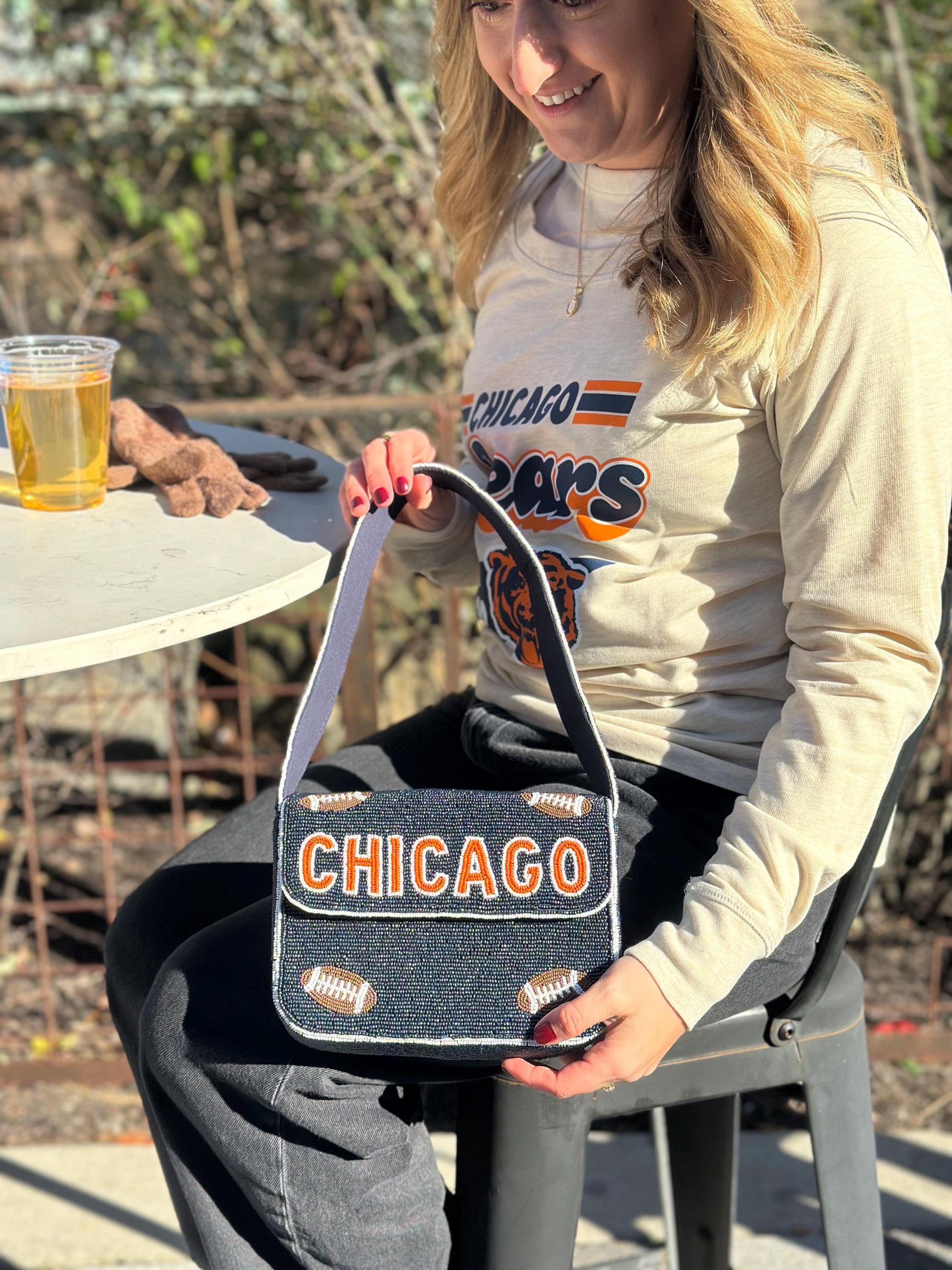 Chicago Football Navy "CHICAGO" Beaded Shoulder Bag – Handmade Shoulder Bag | Game Day Fashion | NOT Stadium Approved