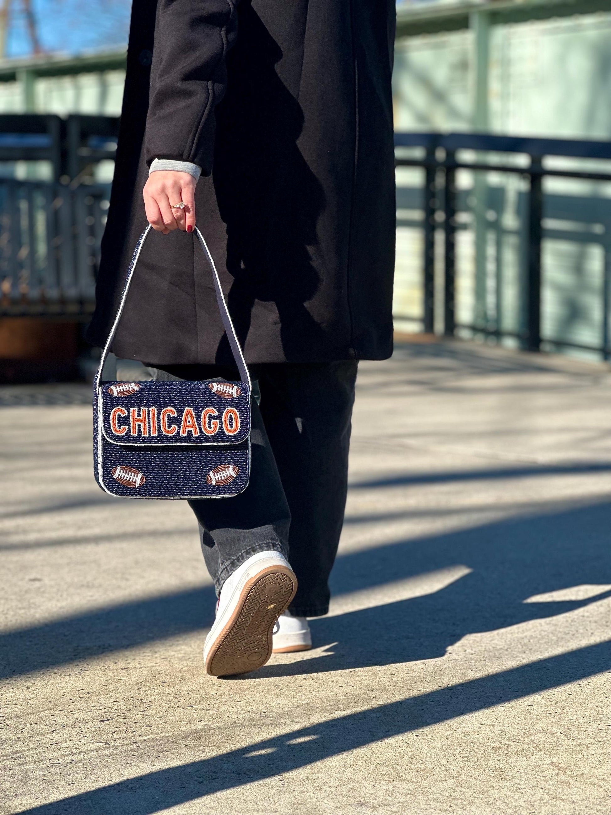 Chicago Football Navy "CHICAGO" Beaded Shoulder Bag – Handmade Shoulder Bag | Game Day Fashion | NOT Stadium Approved