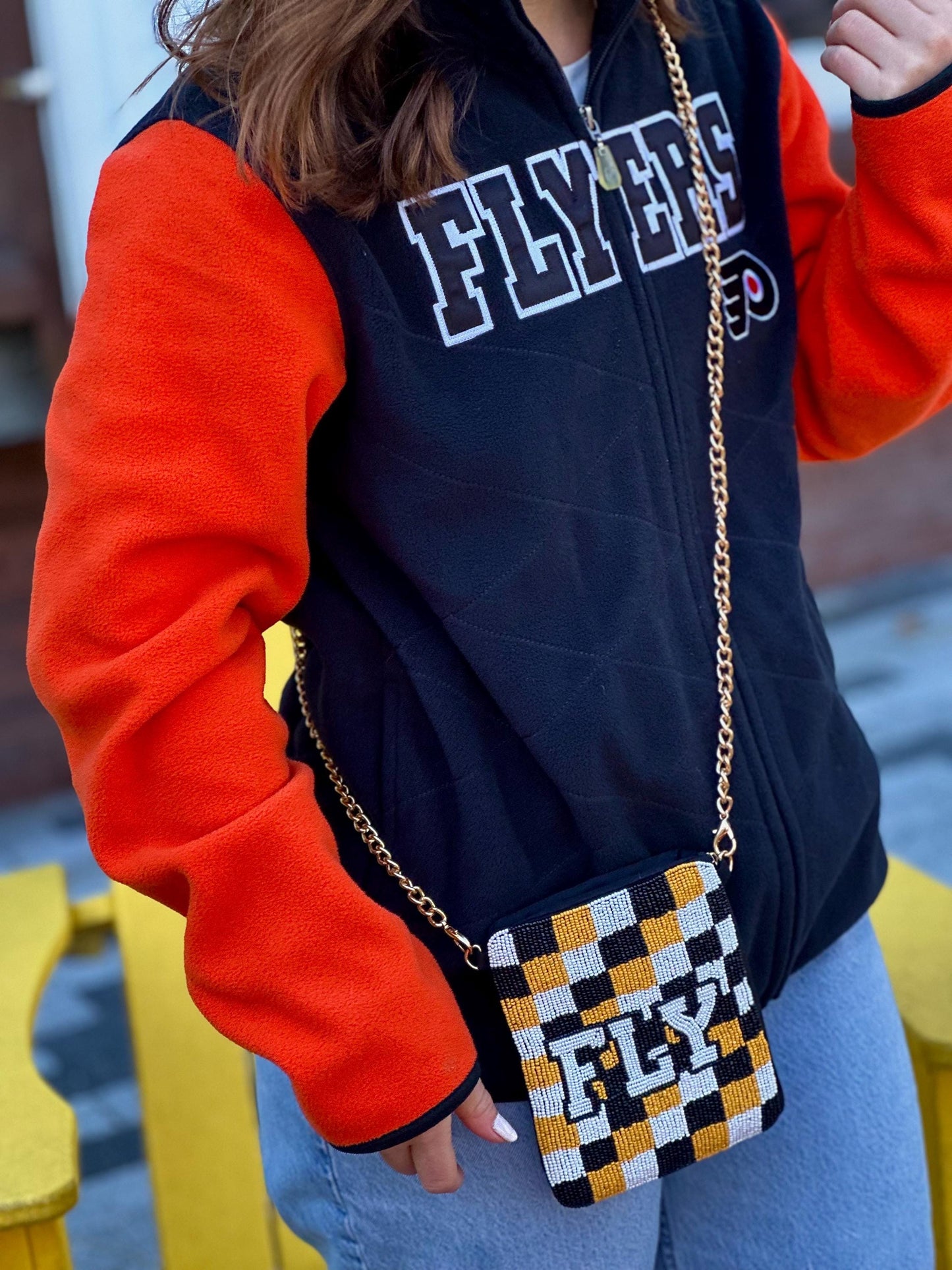 FLY Checkered Beaded Cell Phone Crossbody