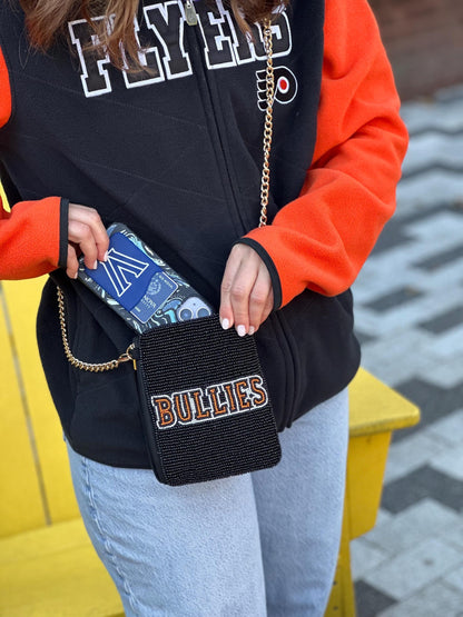 Philadelphia Hockey Orange, White and Black "BULLIES” Beaded Cell Phone Crossbody – Handmade Crossbody Bag | Stadium Approved