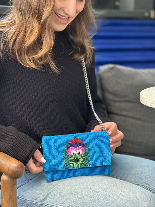 STADIUM-APPROVED- Philadelphia Baseball Blue Beaded Clutch with Shoulder Chain- Straight across flap