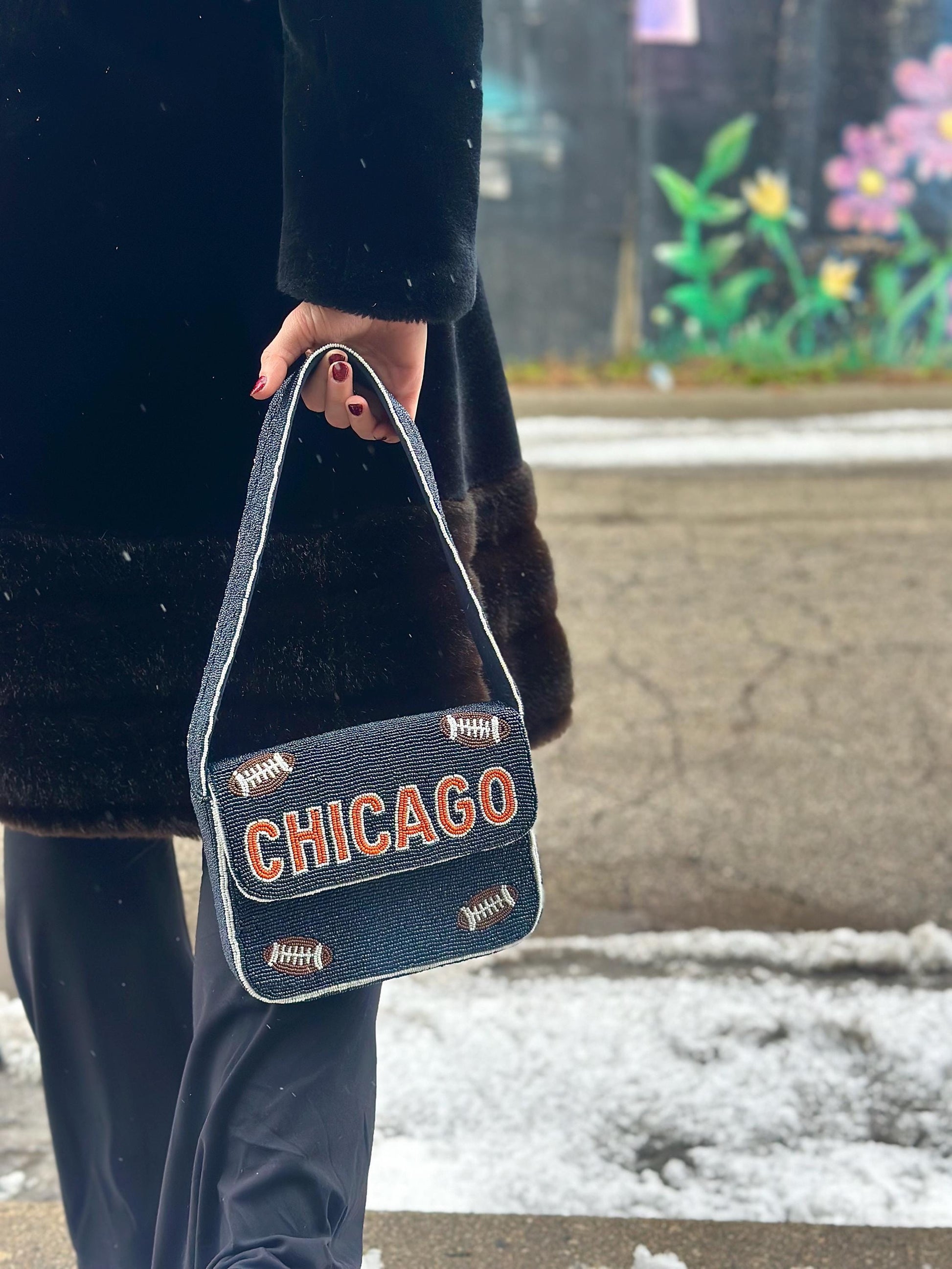 Chicago Football Navy "CHICAGO" Beaded Shoulder Bag – Handmade Shoulder Bag | Game Day Fashion | NOT Stadium Approved