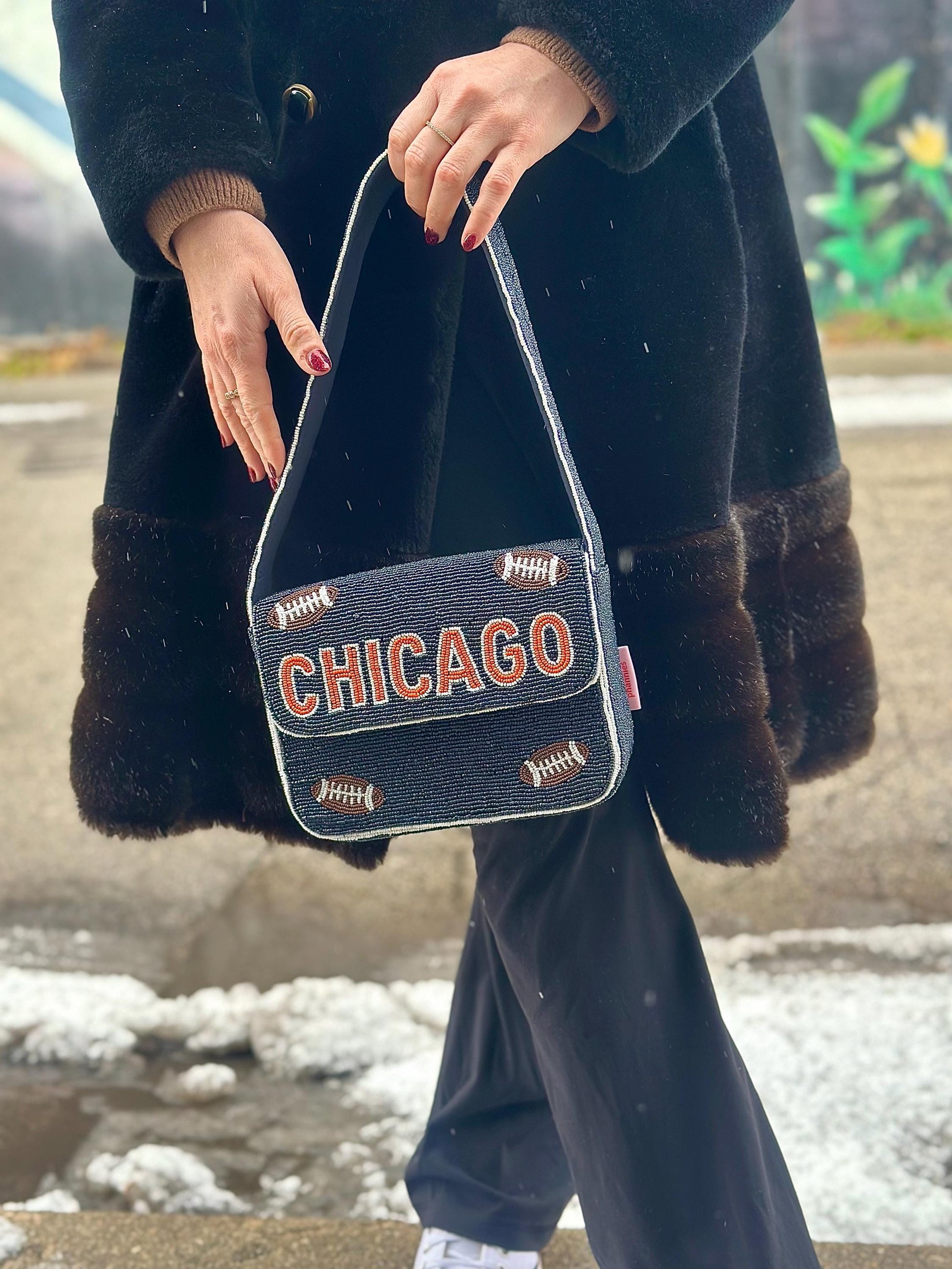 Chicago Football Navy "CHICAGO" Beaded Shoulder Bag – Handmade Shoulder Bag | Game Day Fashion | NOT Stadium Approved
