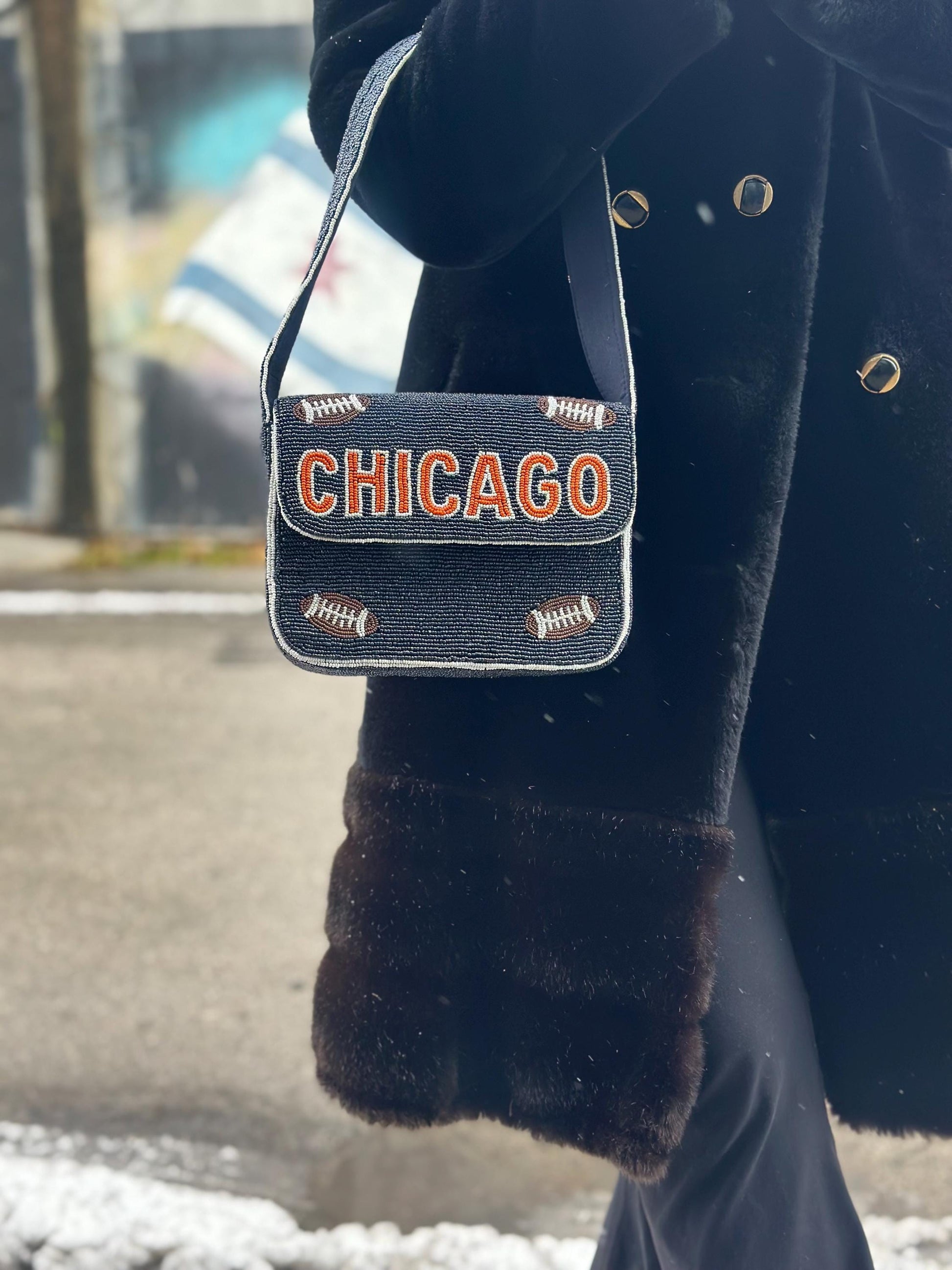Chicago Football Navy "CHICAGO" Beaded Shoulder Bag – Handmade Shoulder Bag | Game Day Fashion | NOT Stadium Approved