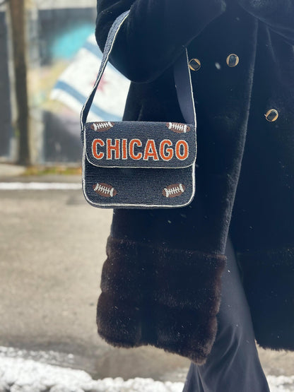 Chicago Football Navy "CHICAGO" Beaded Shoulder Bag – Handmade Shoulder Bag | Game Day Fashion | NOT Stadium Approved