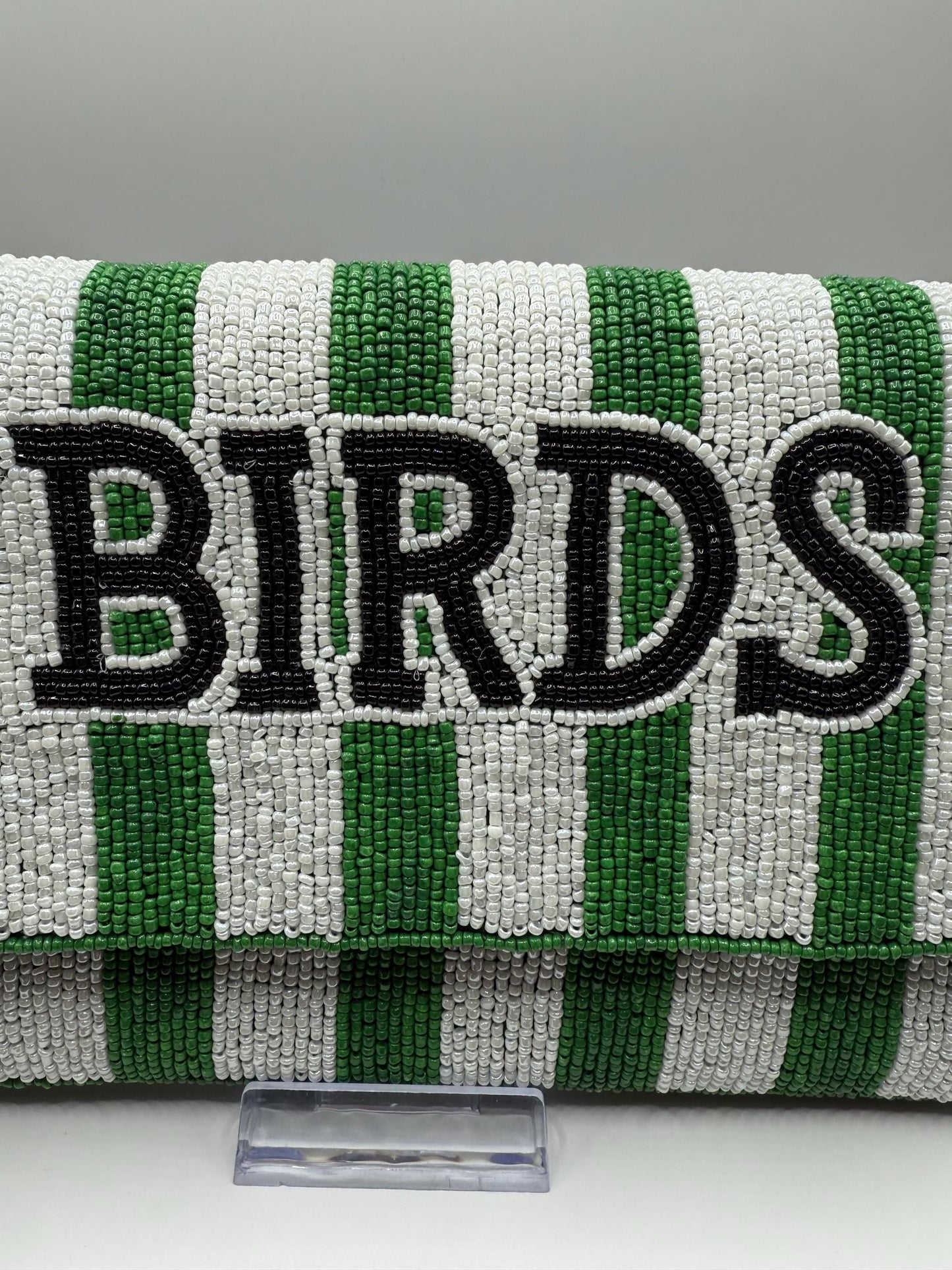 Beaded BIRDS Clutch | Green & White Stripe, Philly Game Day Fashion