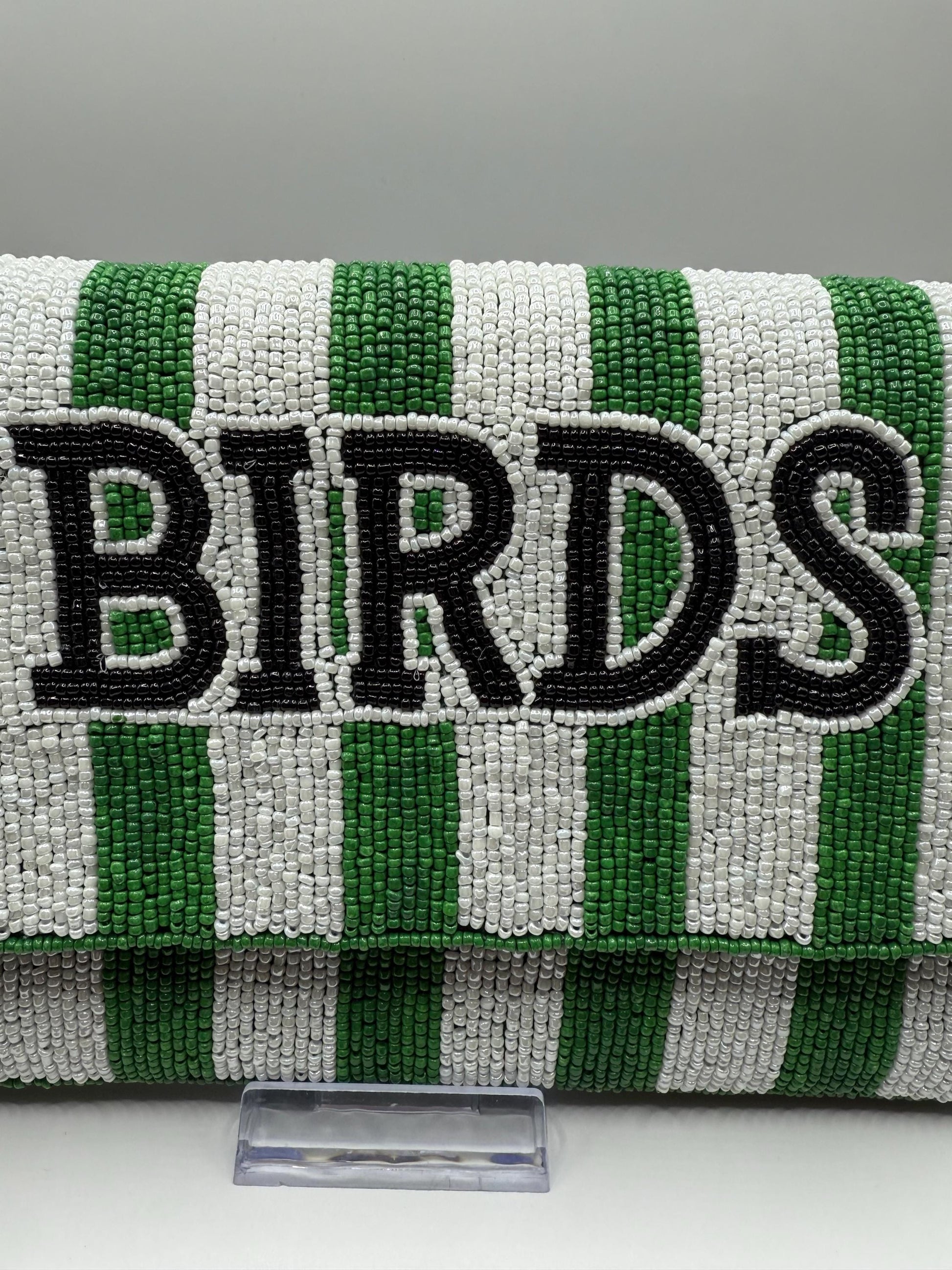 Beaded BIRDS Clutch | Green & White Stripe, Philly Game Day Fashion