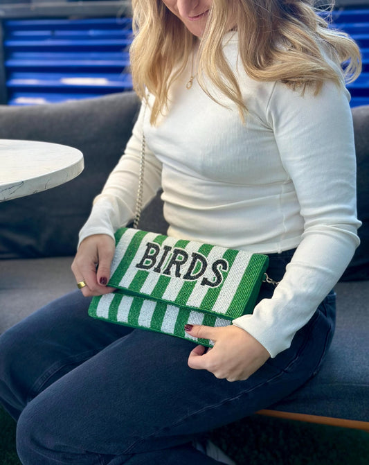 Beaded BIRDS Clutch | Green & White Stripe, Philly Game Day Fashion