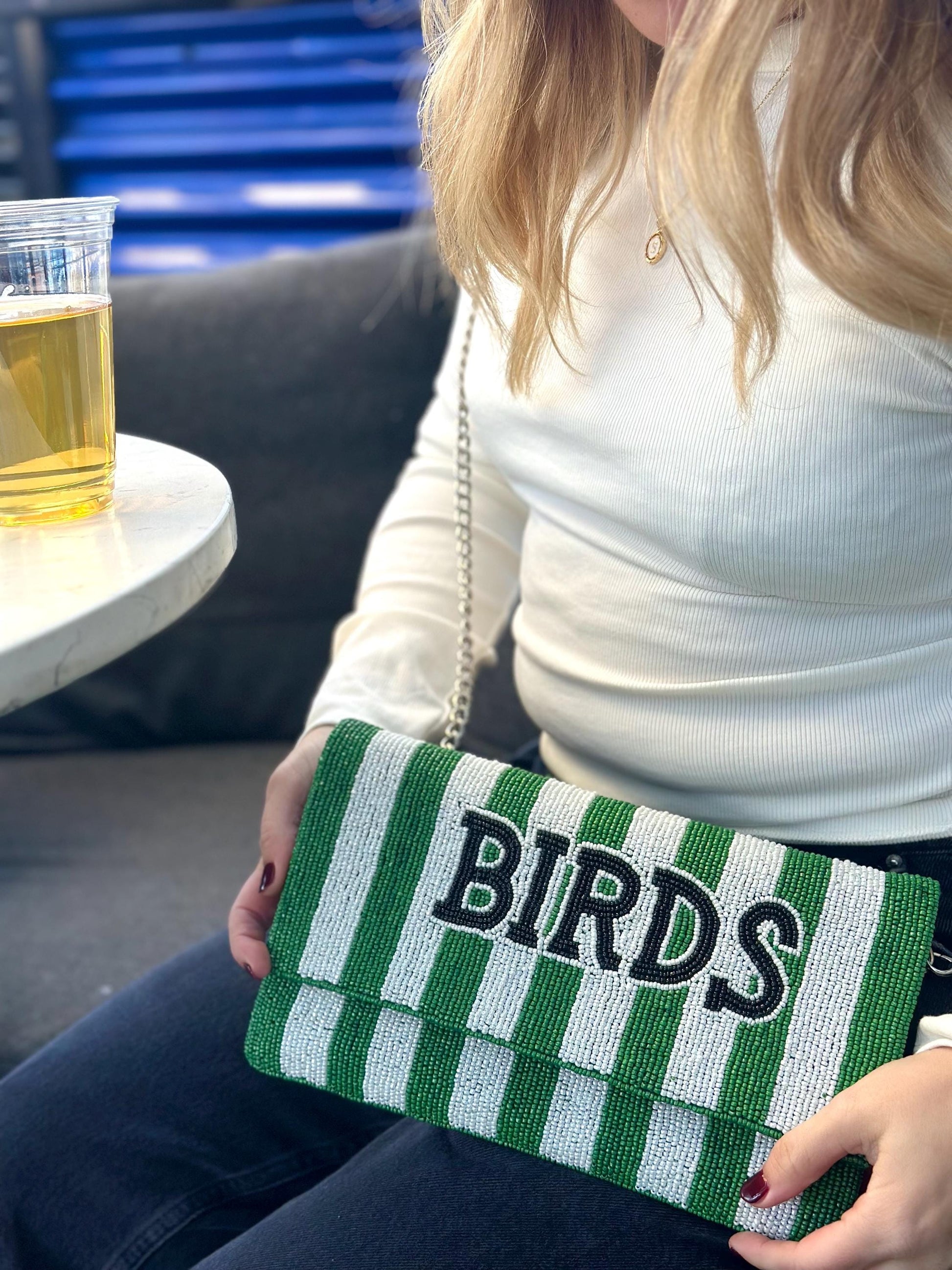 Beaded BIRDS Clutch | Green & White Stripe, Philly Game Day Fashion