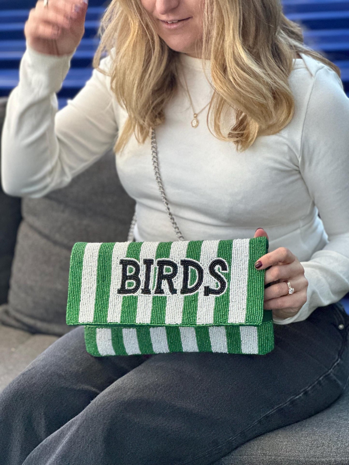 Beaded BIRDS Clutch | Green & White Stripe, Philly Game Day Fashion