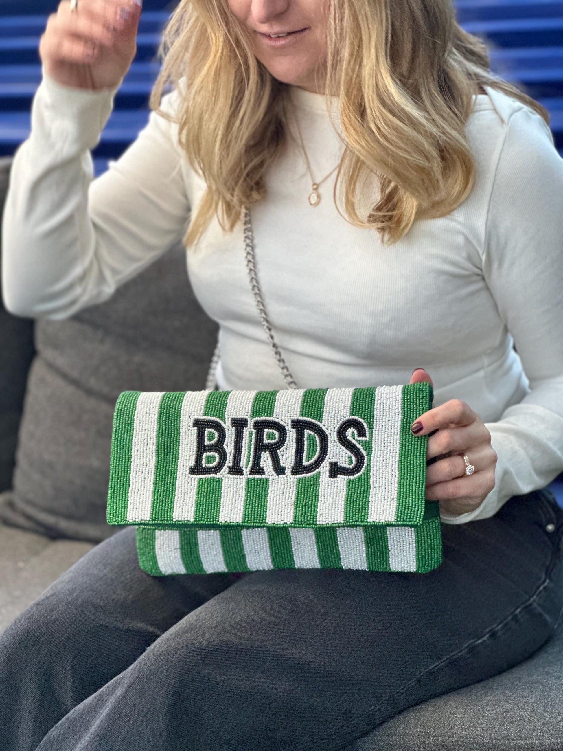 Beaded BIRDS Clutch | Green & White Stripe, Philly Game Day Fashion