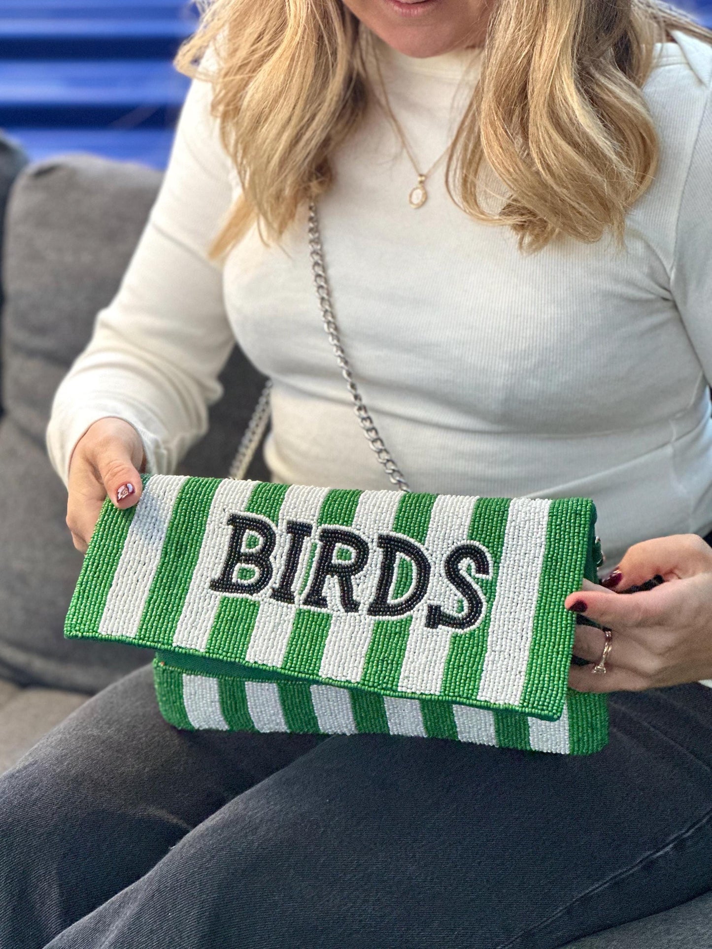 Beaded BIRDS Clutch | Green & White Stripe, Philly Game Day Fashion