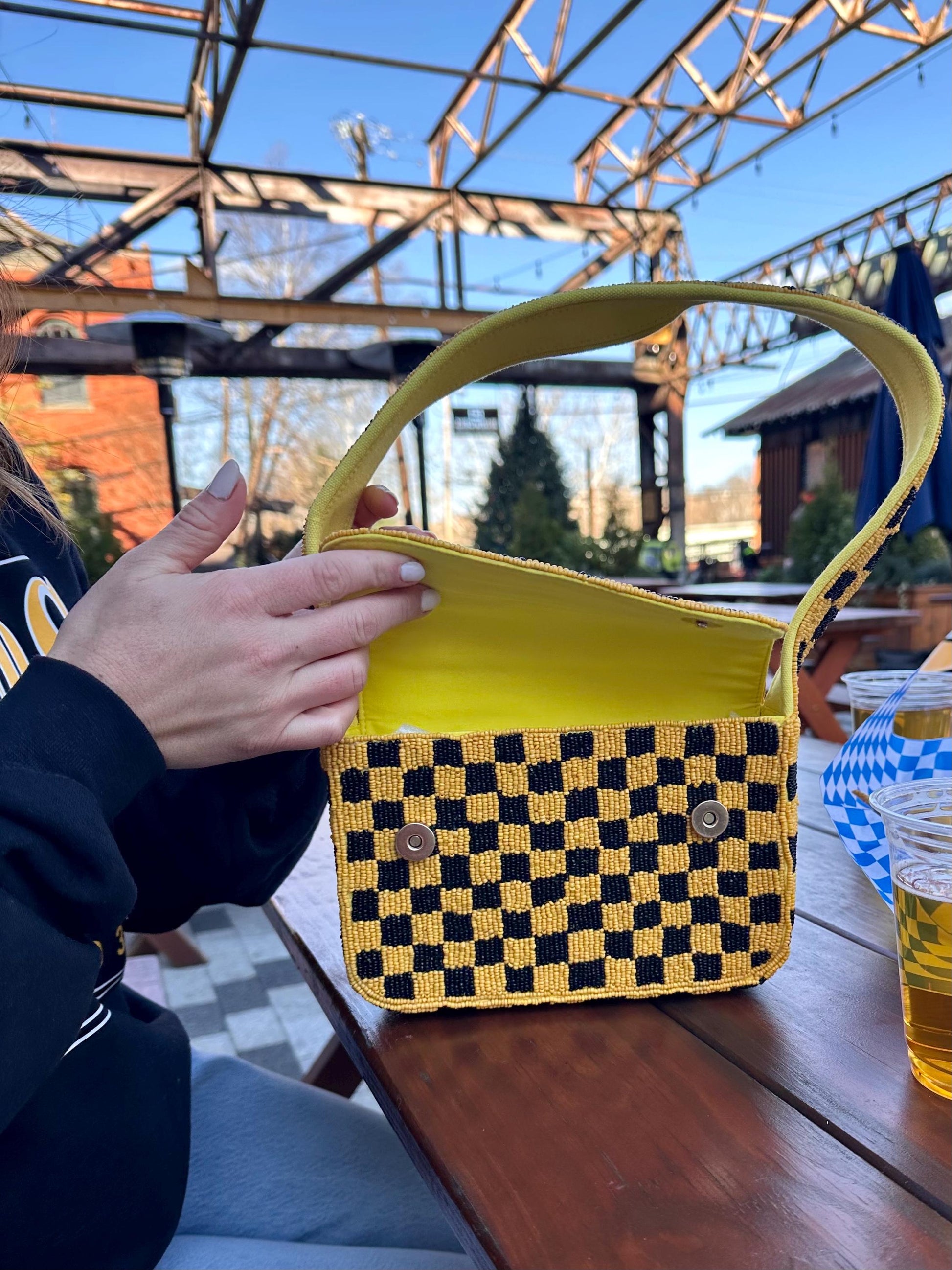 Pittsburgh White & Yellow Checkered "THE BURGH" Beaded Shoulder Bag – Handmade Shoulder Bag | Game Day Fashion | NOT Stadium Approved