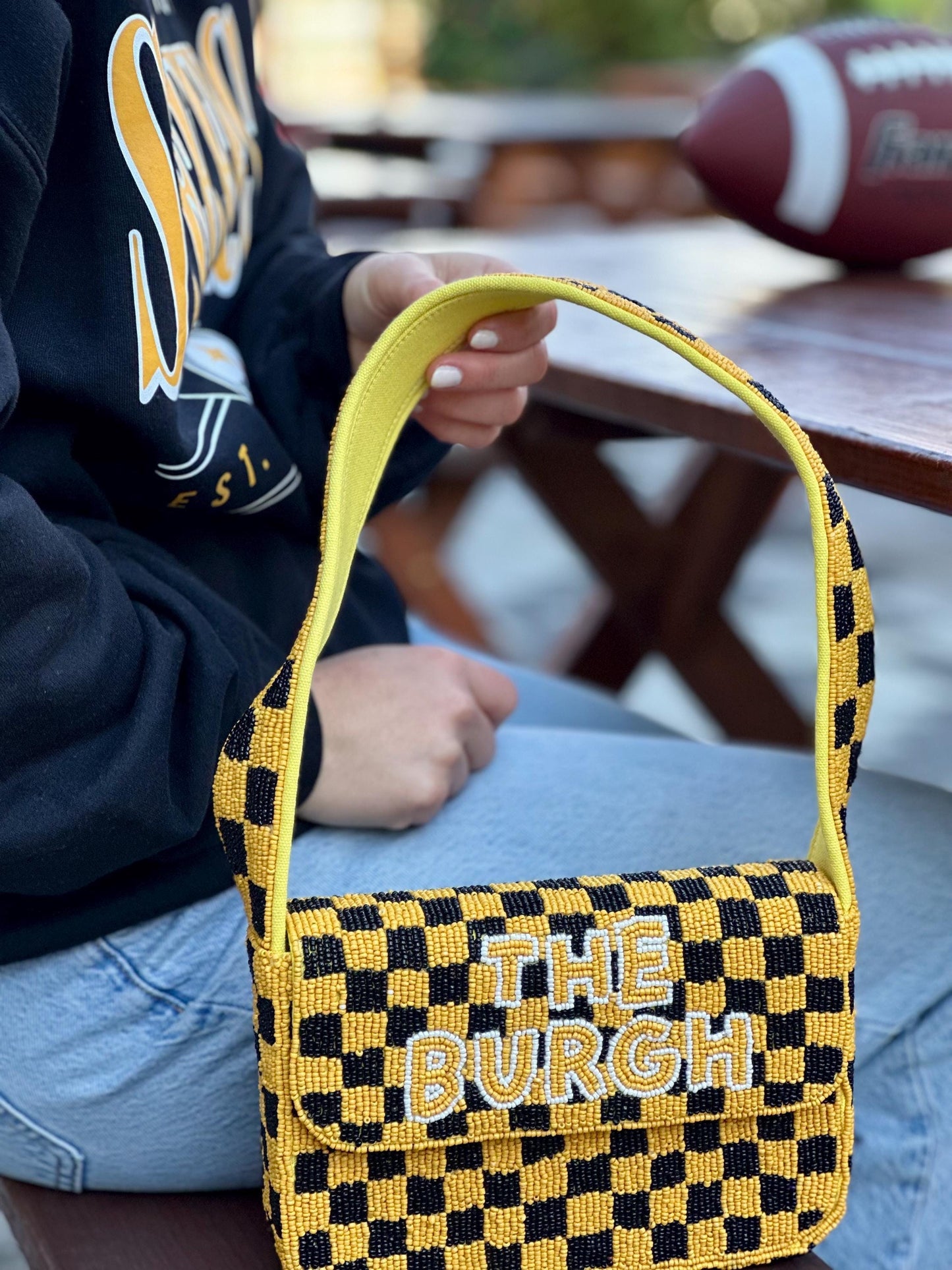 Pittsburgh White & Yellow Checkered "THE BURGH" Beaded Shoulder Bag – Handmade Shoulder Bag | Game Day Fashion | NOT Stadium Approved