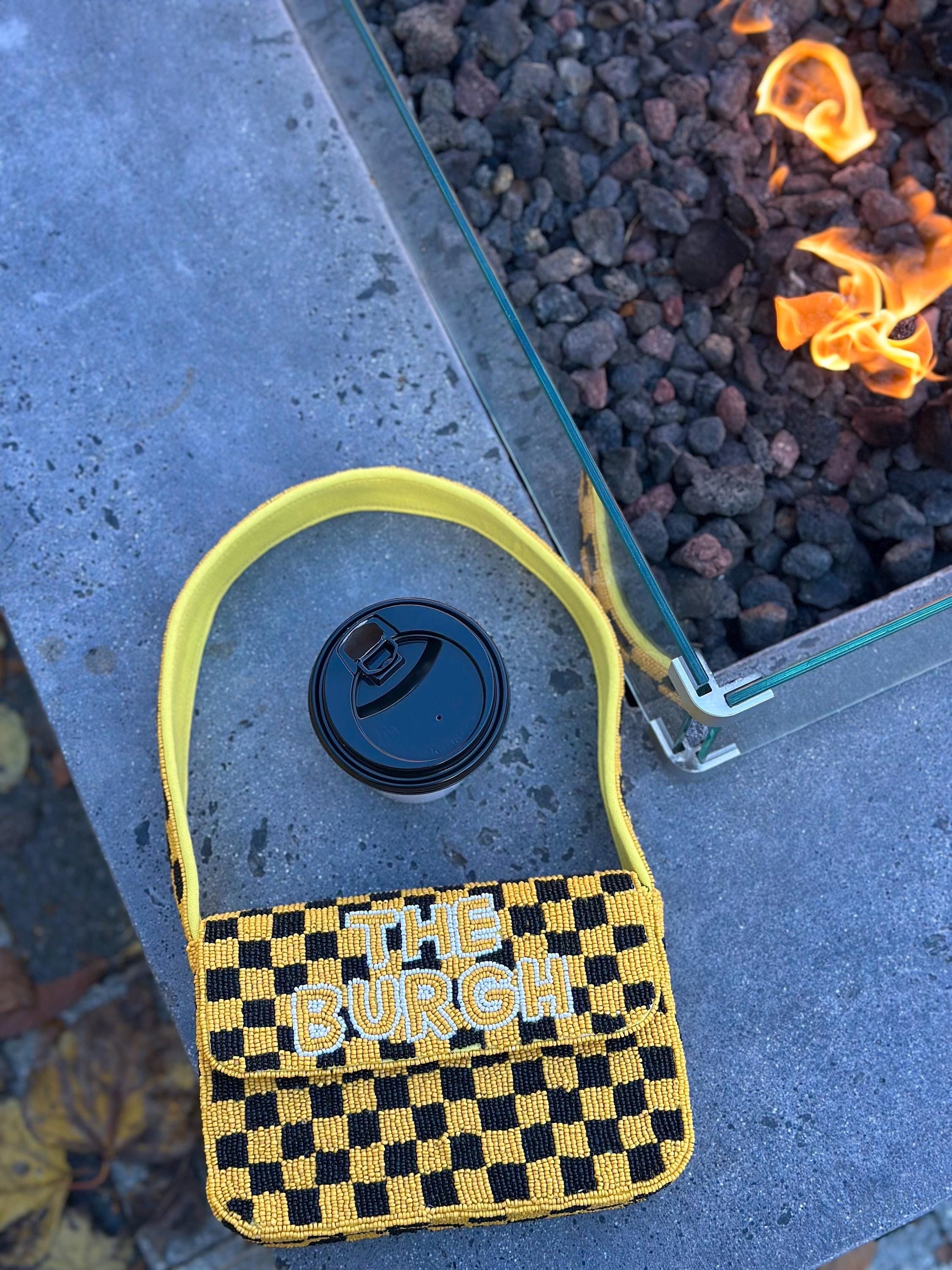Pittsburgh White & Yellow Checkered "THE BURGH" Beaded Shoulder Bag – Handmade Shoulder Bag | Game Day Fashion | NOT Stadium Approved