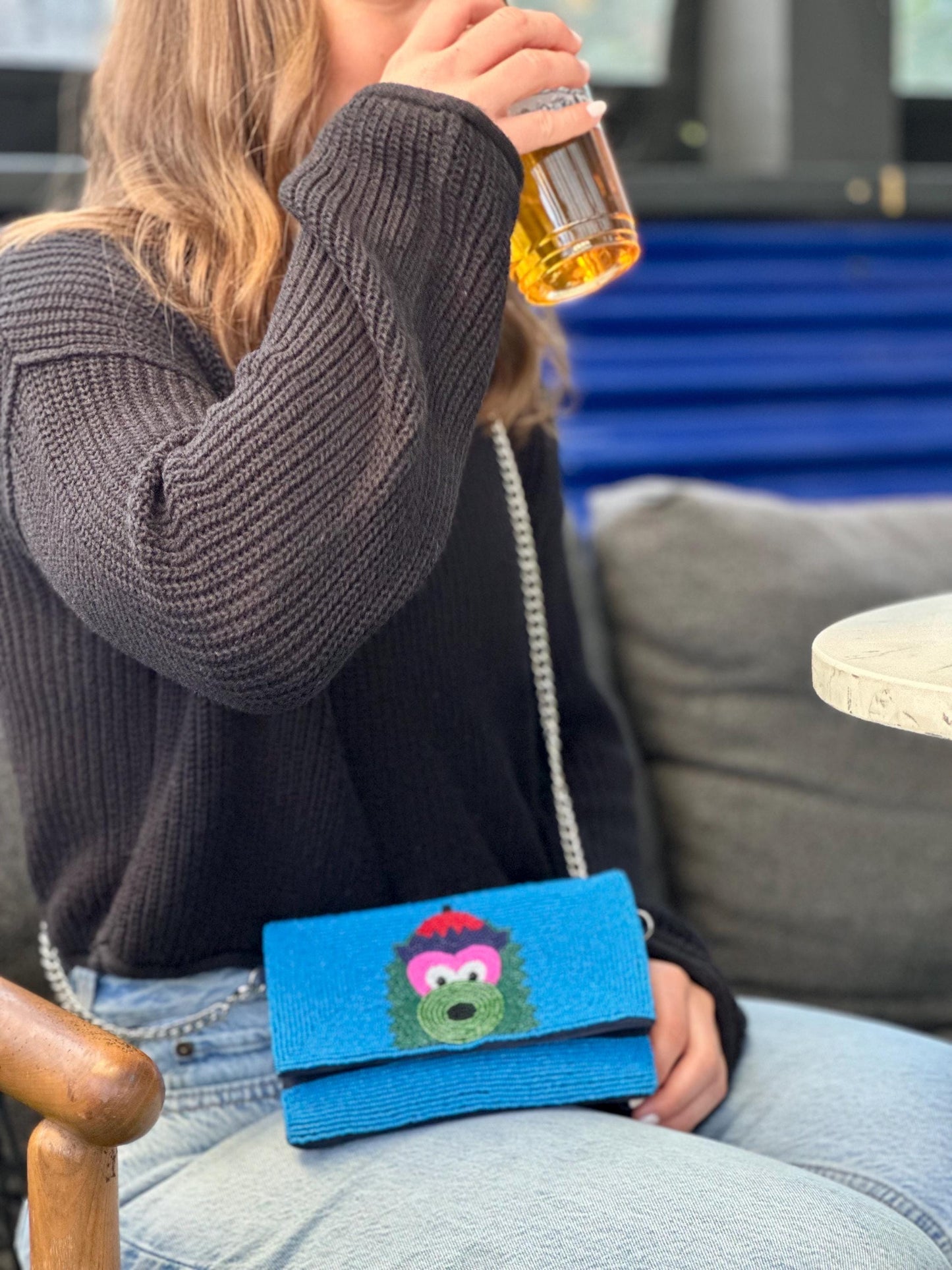 STADIUM-APPROVED- Philadelphia Baseball Blue Beaded Clutch with Shoulder Chain- Straight across flap