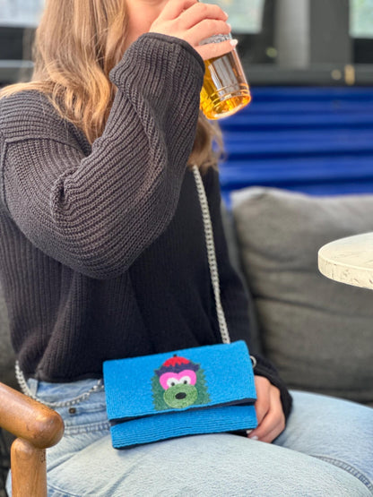 STADIUM-APPROVED- Philadelphia Baseball Blue Beaded Clutch with Shoulder Chain- Straight across flap