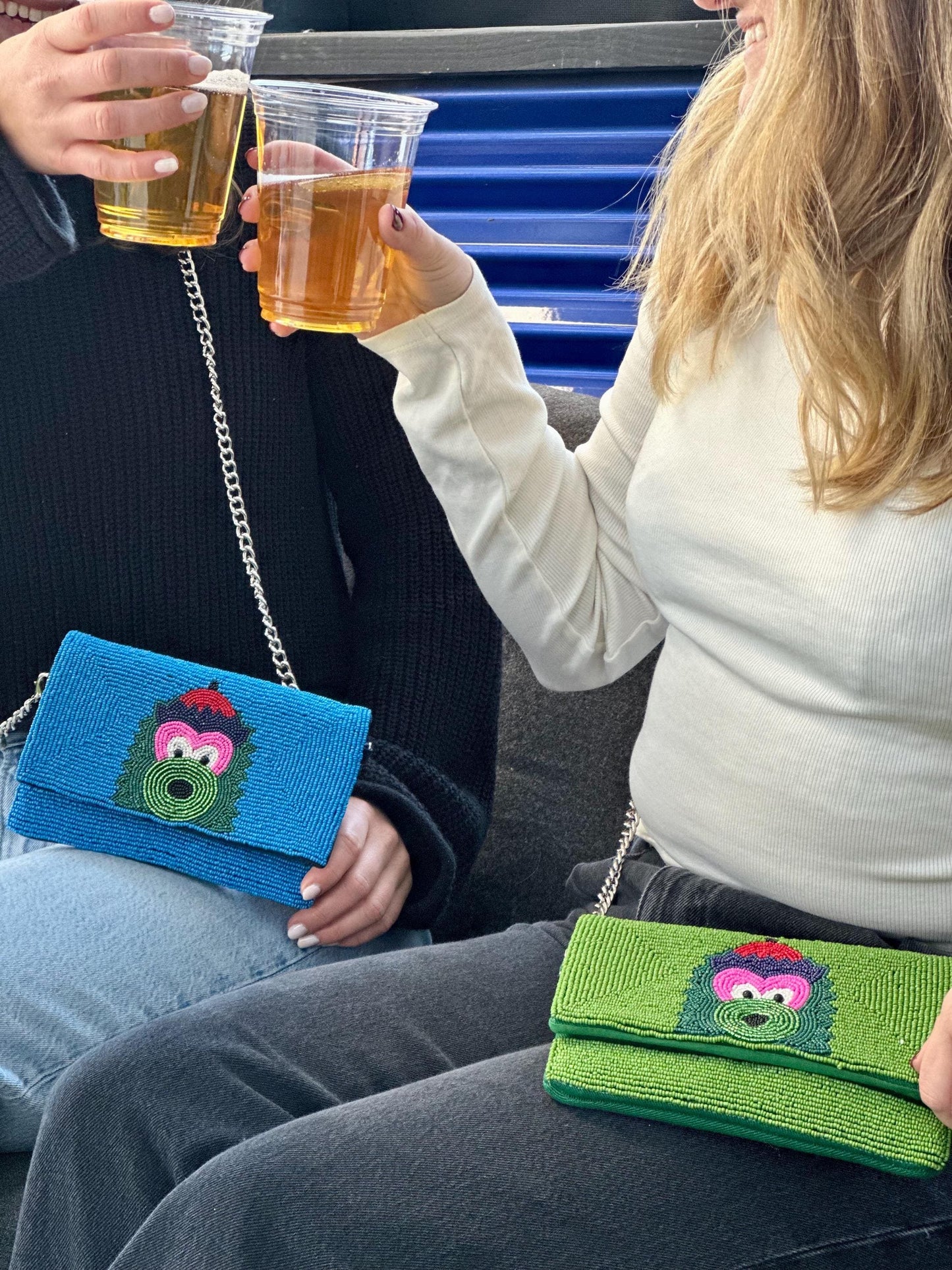 STADIUM-APPROVED- Philadelphia Baseball Blue Beaded Clutch with Shoulder Chain- Straight across flap