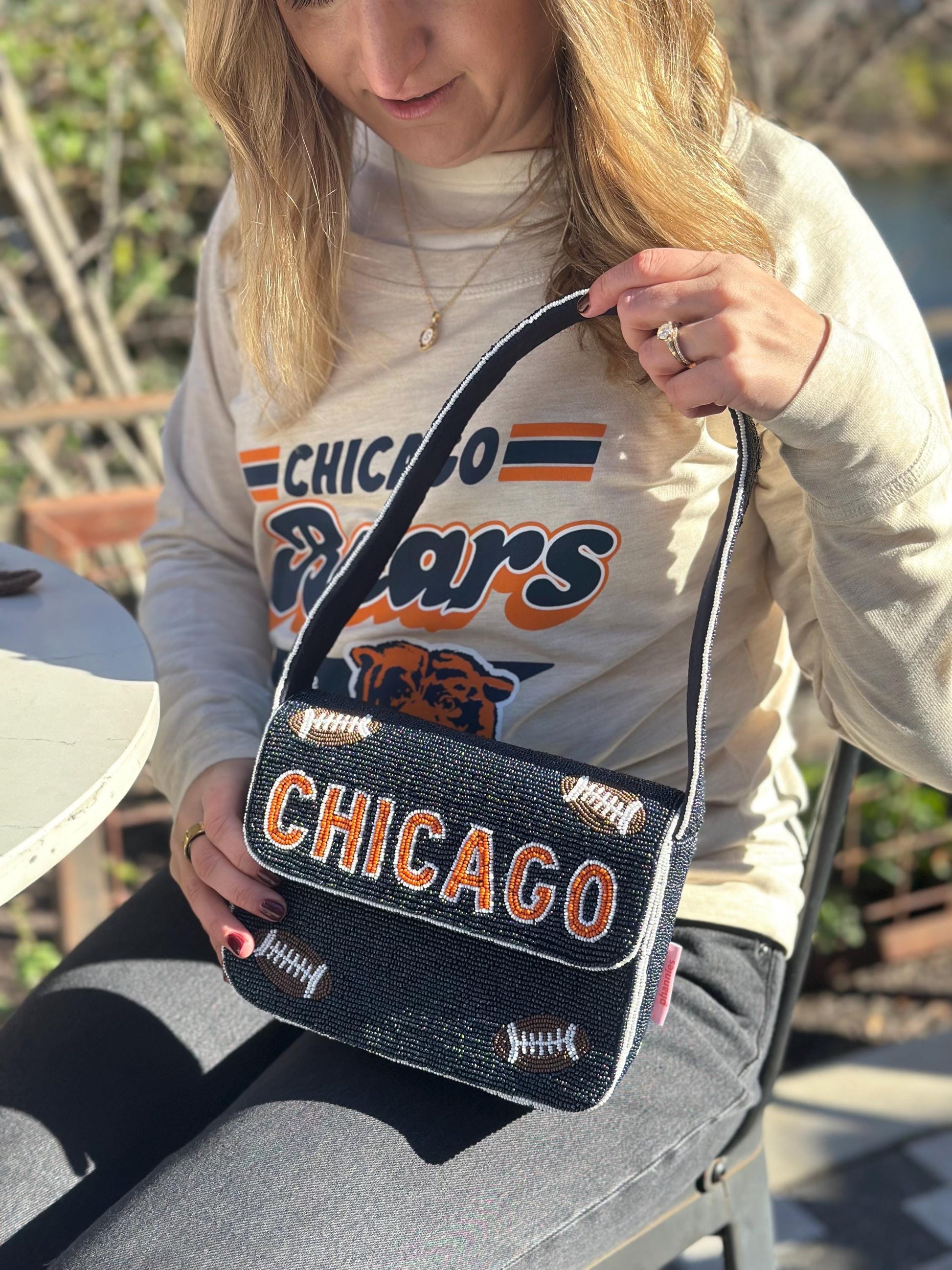 Chicago Football Navy "CHICAGO" Beaded Shoulder Bag – Handmade Shoulder Bag | Game Day Fashion | NOT Stadium Approved