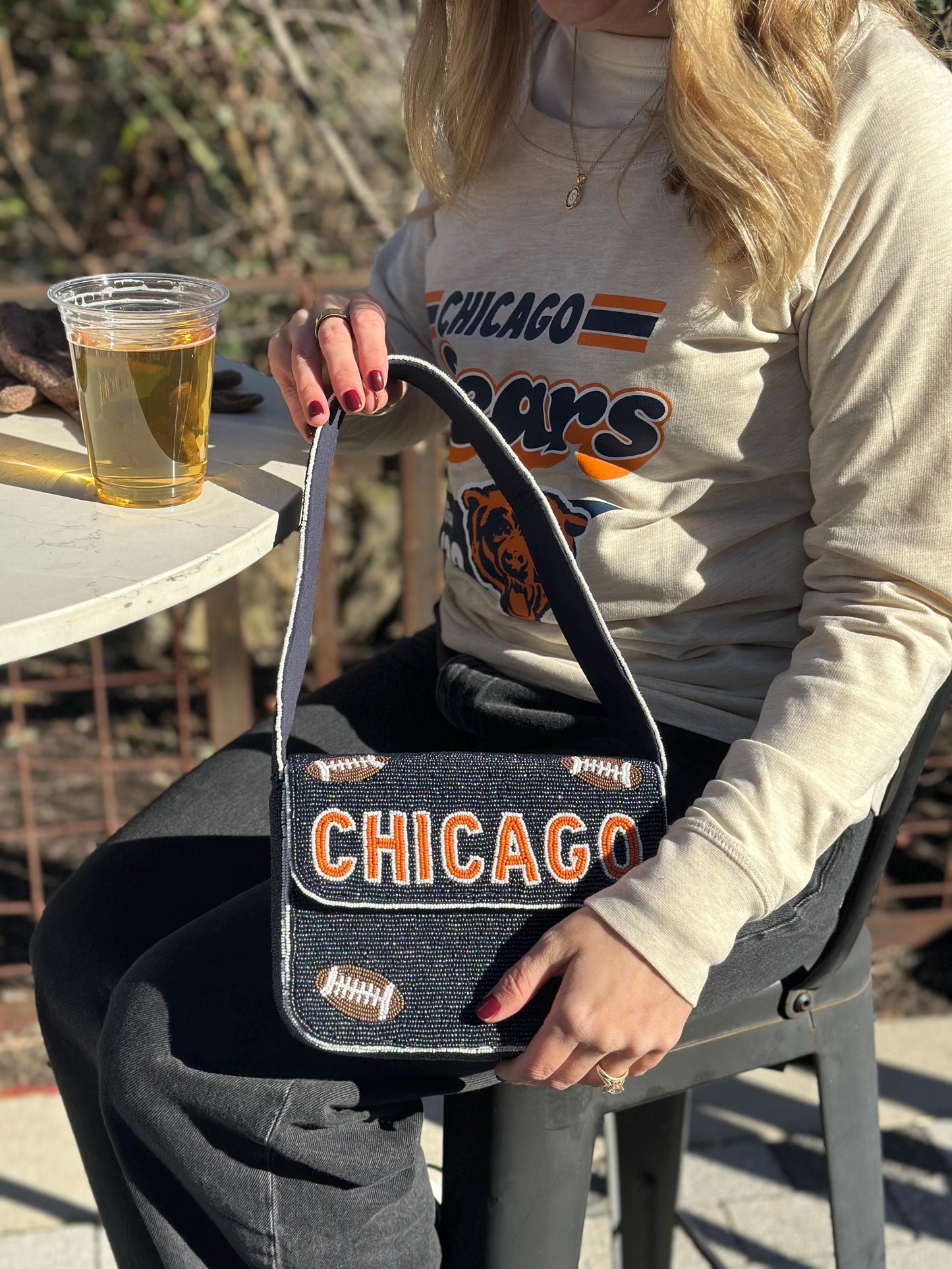 Chicago Football Navy "CHICAGO" Beaded Shoulder Bag – Handmade Shoulder Bag | Game Day Fashion | NOT Stadium Approved