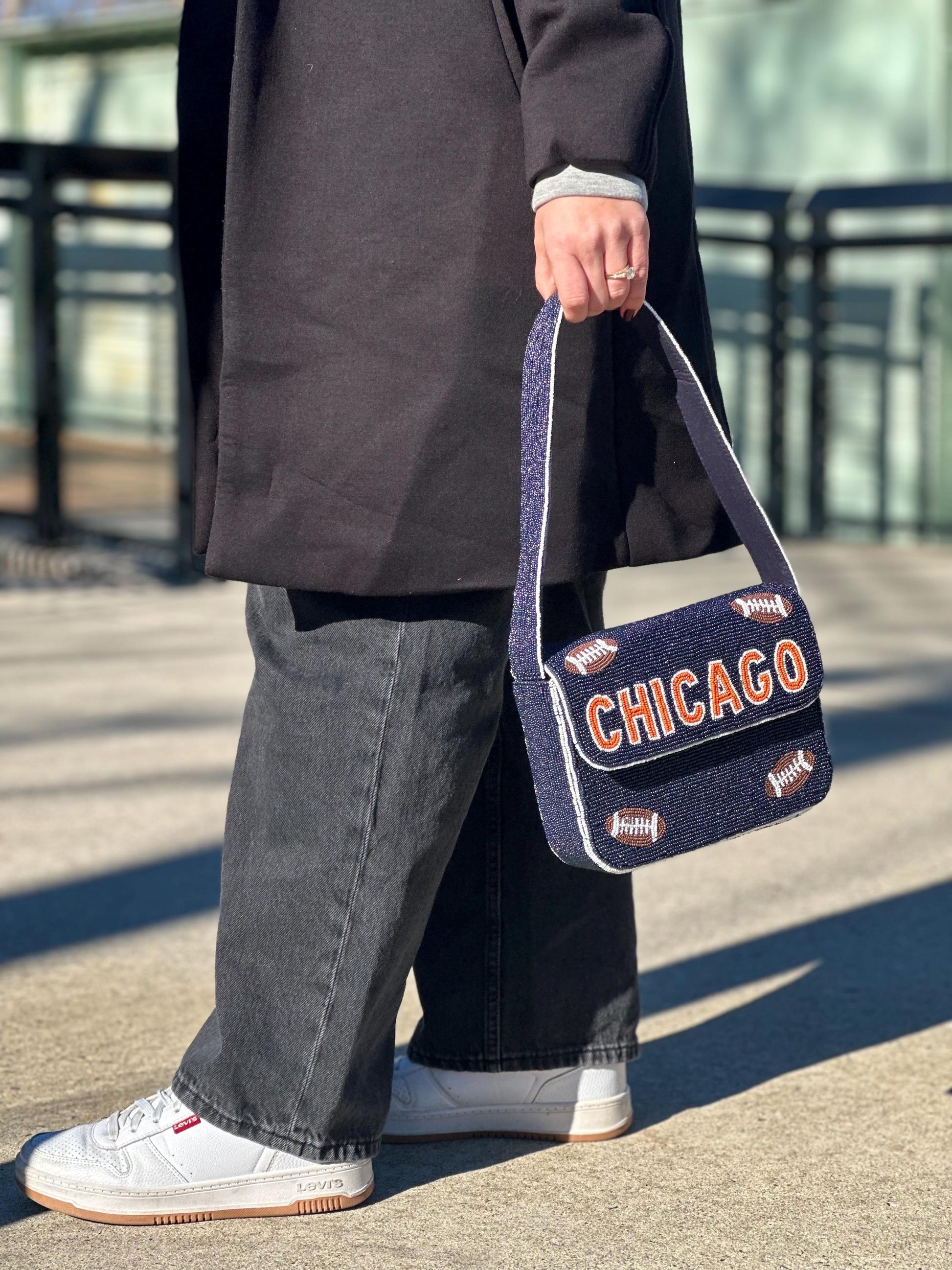 Chicago Football Navy "CHICAGO" Beaded Shoulder Bag – Handmade Shoulder Bag | Game Day Fashion | NOT Stadium Approved