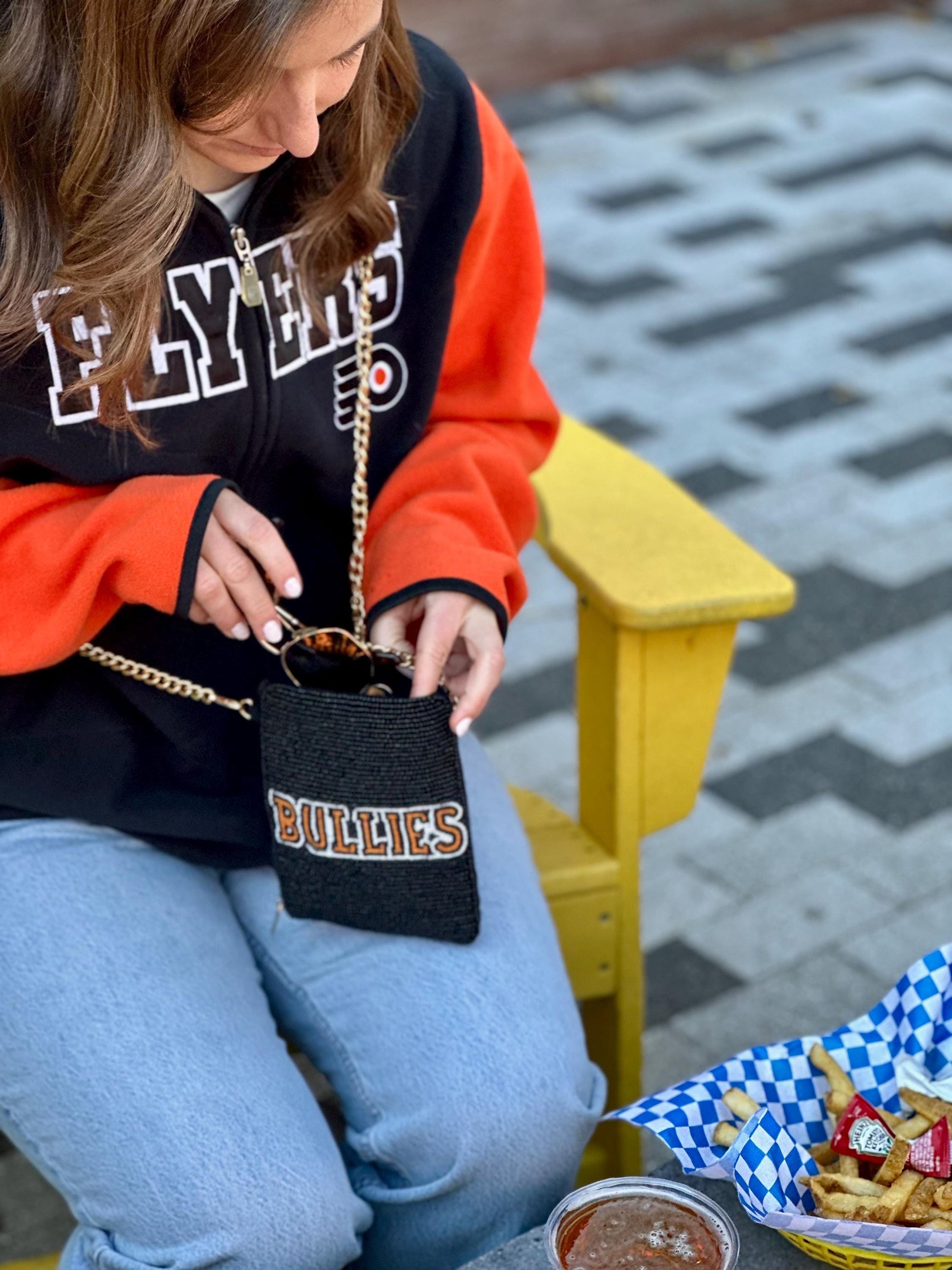 Philadelphia Hockey Orange, White and Black "BULLIES” Beaded Cell Phone Crossbody – Handmade Crossbody Bag | Stadium Approved