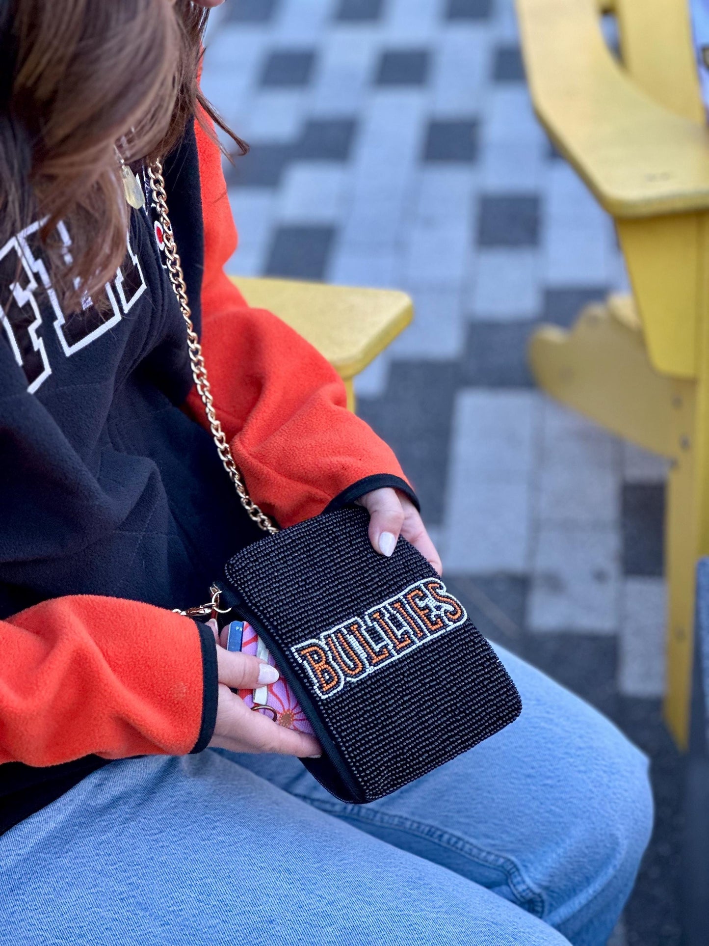 Philadelphia Hockey Orange, White and Black "BULLIES” Beaded Cell Phone Crossbody – Handmade Crossbody Bag | Stadium Approved