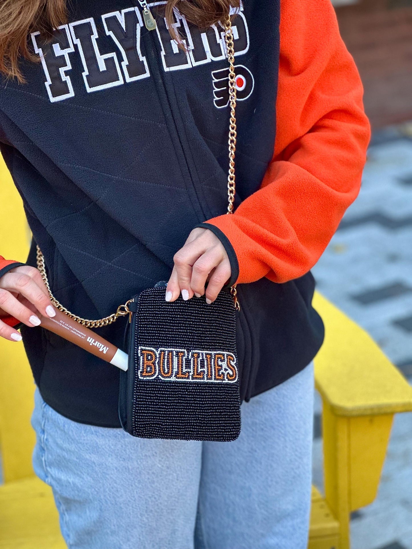Philadelphia Hockey Orange, White and Black "BULLIES” Beaded Cell Phone Crossbody – Handmade Crossbody Bag | Stadium Approved