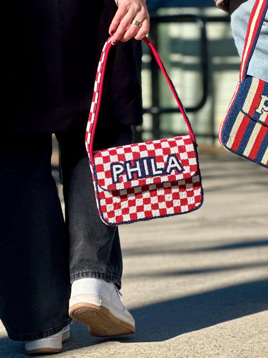 Philadelphia Red, White & Blue “PHILA" Beaded Shoulder Bag – Handmade Shoulder Bag | Game Day Fashion | NOT Stadium Approved