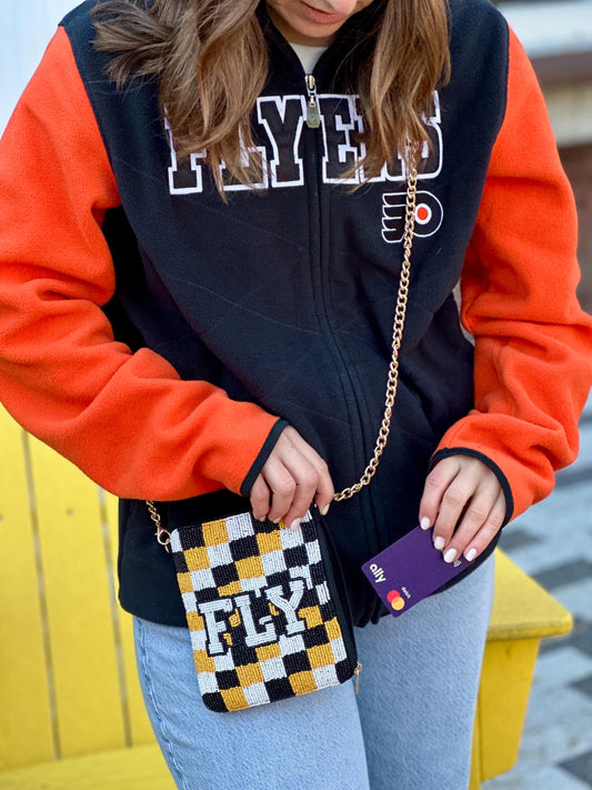 FLY Checkered Beaded Cell Phone Crossbody