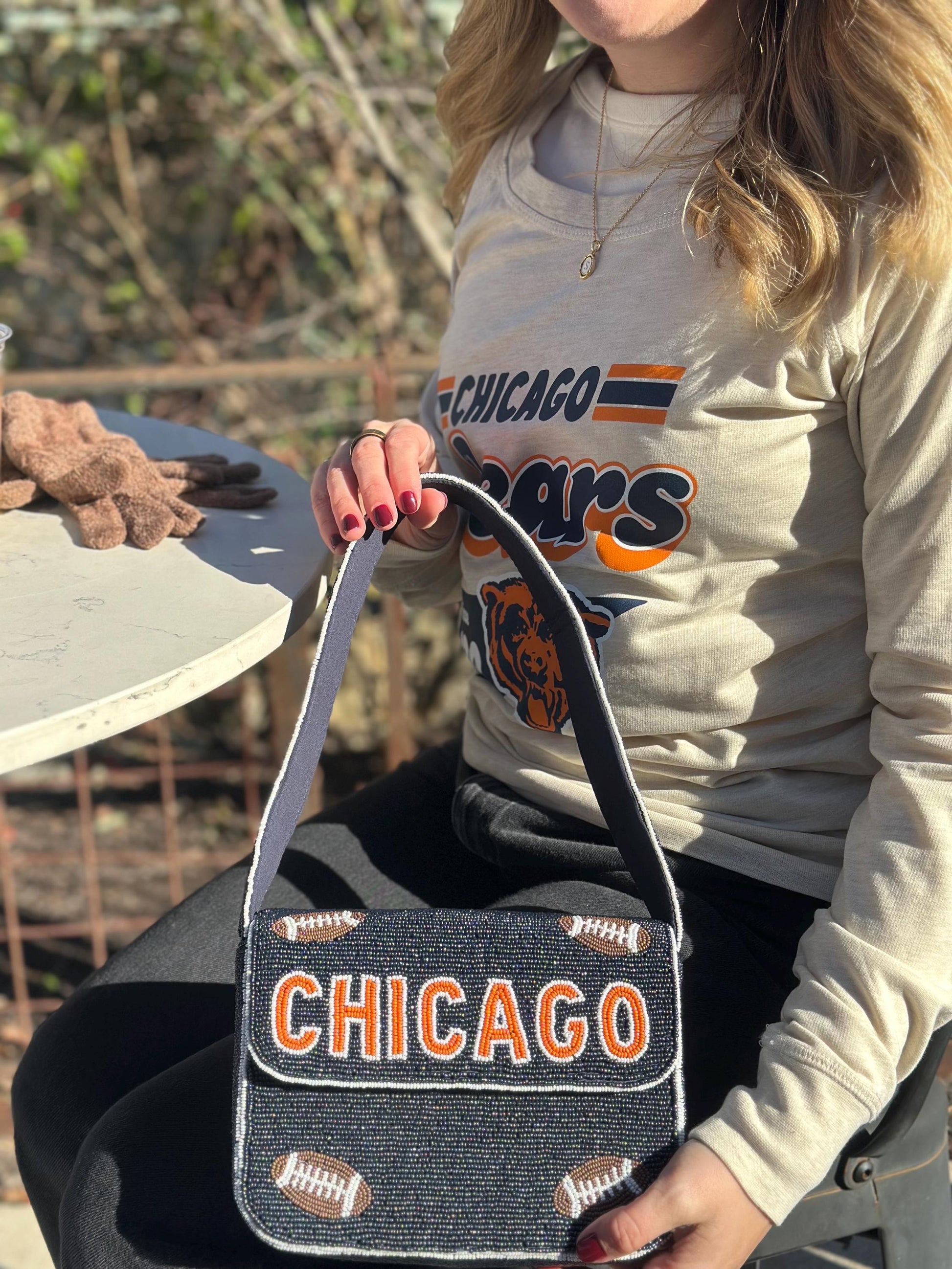 Chicago Football Navy "CHICAGO" Beaded Shoulder Bag – Handmade Shoulder Bag | Game Day Fashion | NOT Stadium Approved