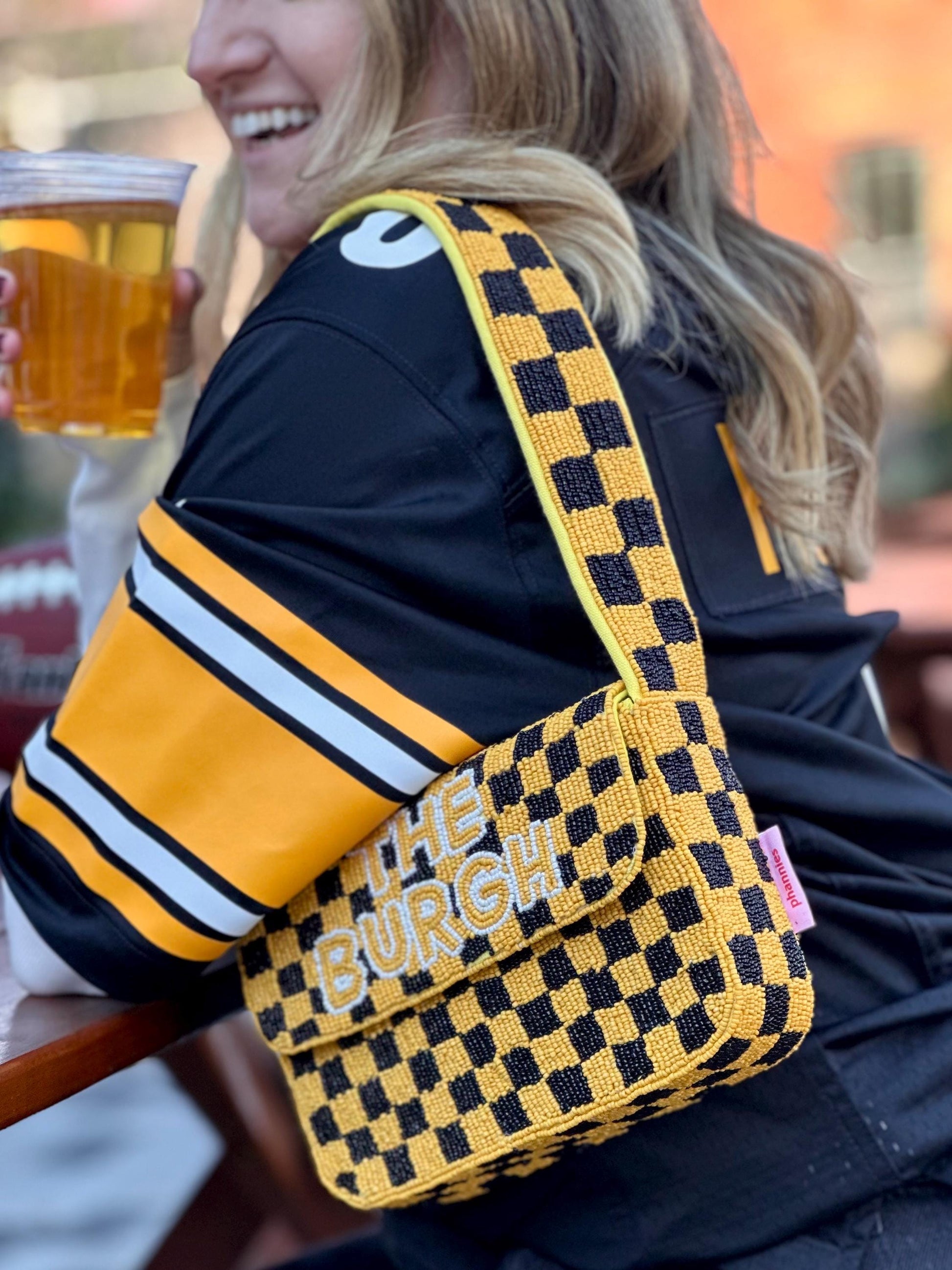Pittsburgh White & Yellow Checkered "THE BURGH" Beaded Shoulder Bag – Handmade Shoulder Bag | Game Day Fashion | NOT Stadium Approved