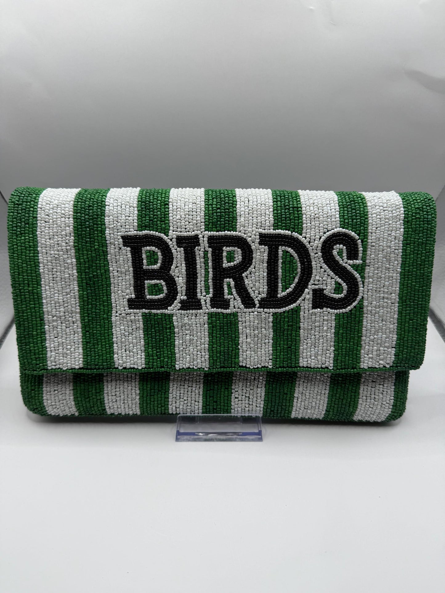 Beaded BIRDS Clutch | Green & White Stripe, Philly Game Day Fashion