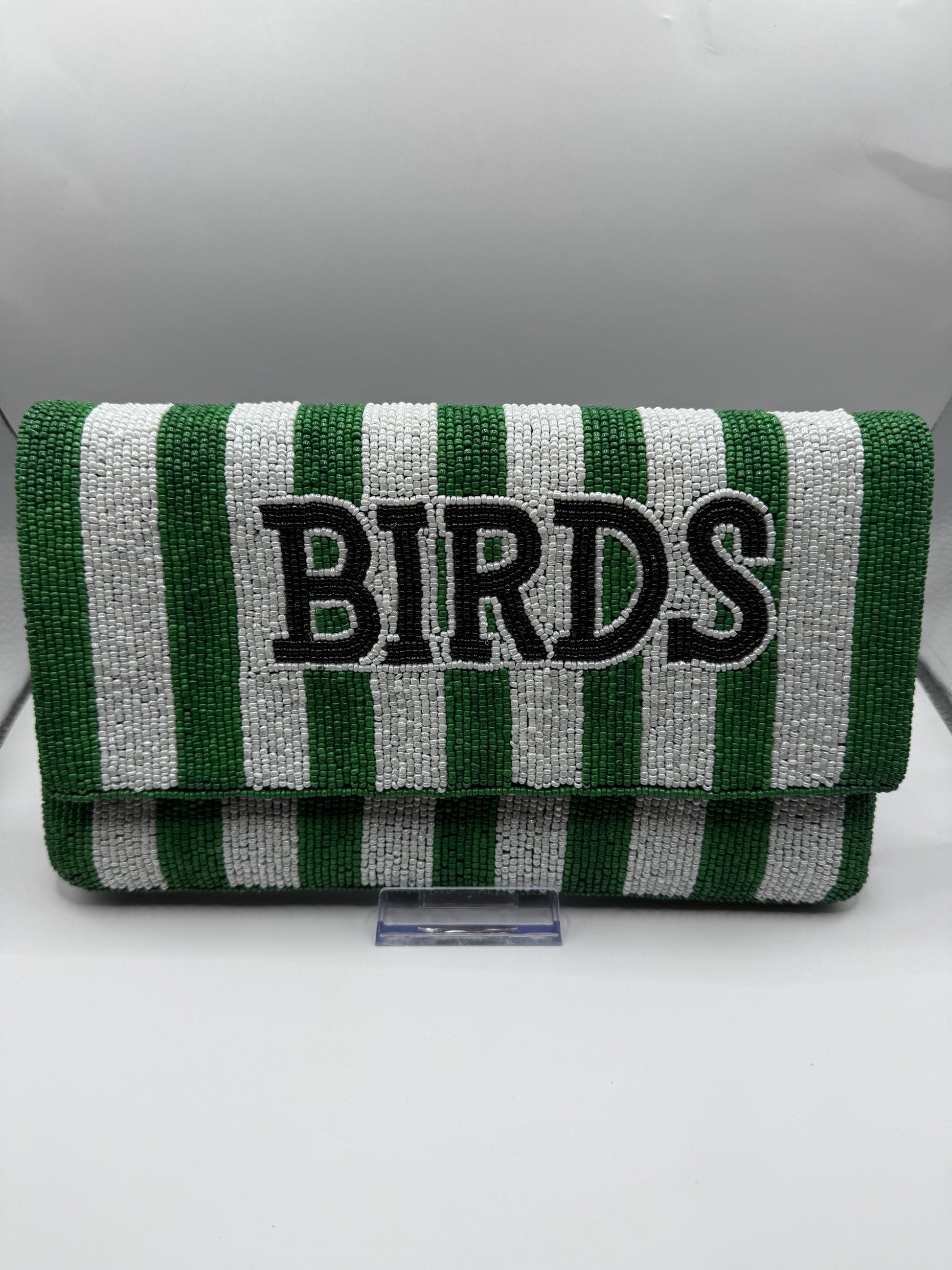 Beaded BIRDS Clutch | Green & White Stripe, Philly Game Day Fashion