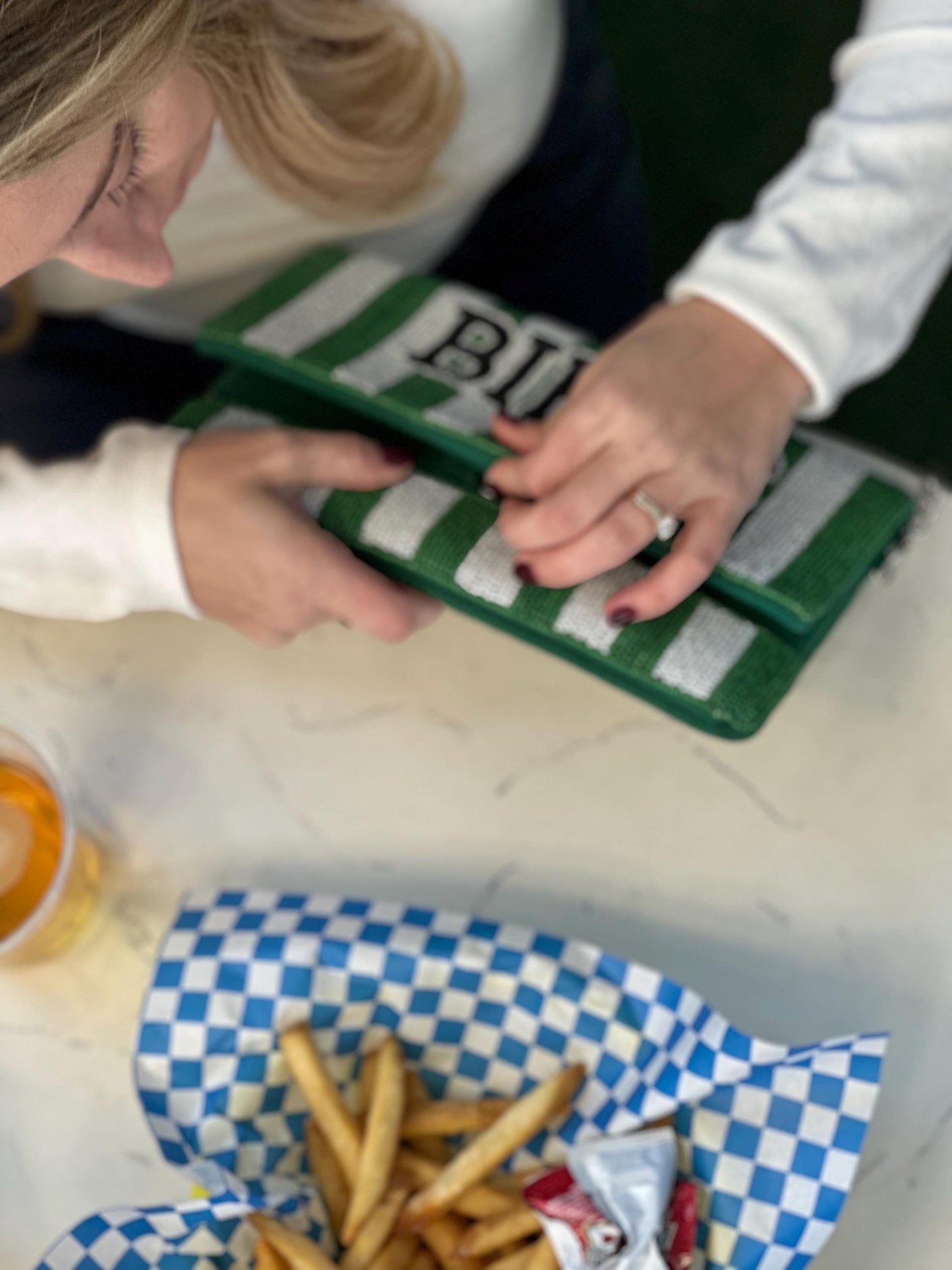 Beaded BIRDS Clutch | Green & White Stripe, Philly Game Day Fashion
