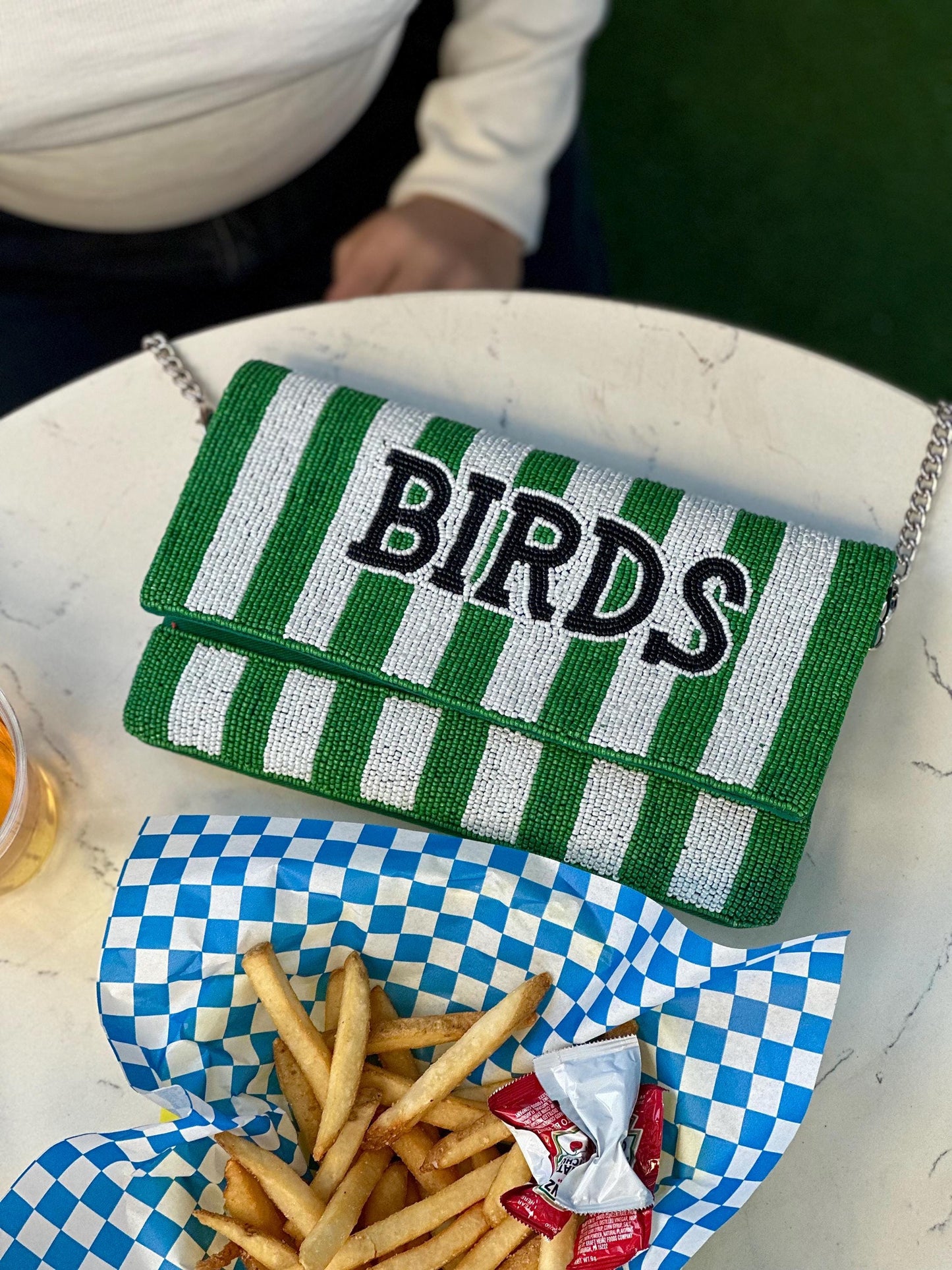 Beaded BIRDS Clutch | Green & White Stripe, Philly Game Day Fashion
