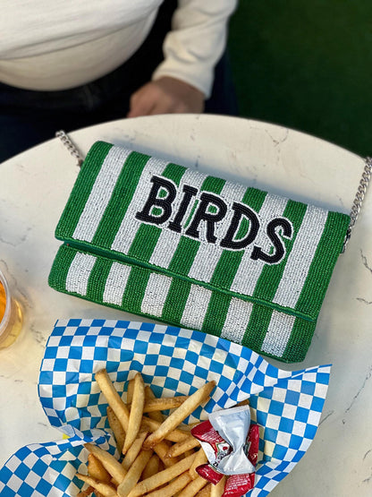 Beaded BIRDS Clutch | Green & White Stripe, Philly Game Day Fashion