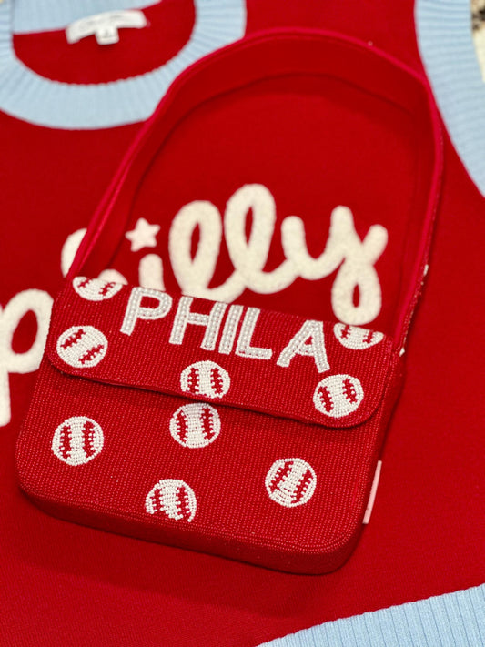 PHILA Red and White Baseball Beaded Shoulder Bag – Handmade Shoulder Bag | Game Day Fashion | NOT Stadium Approved