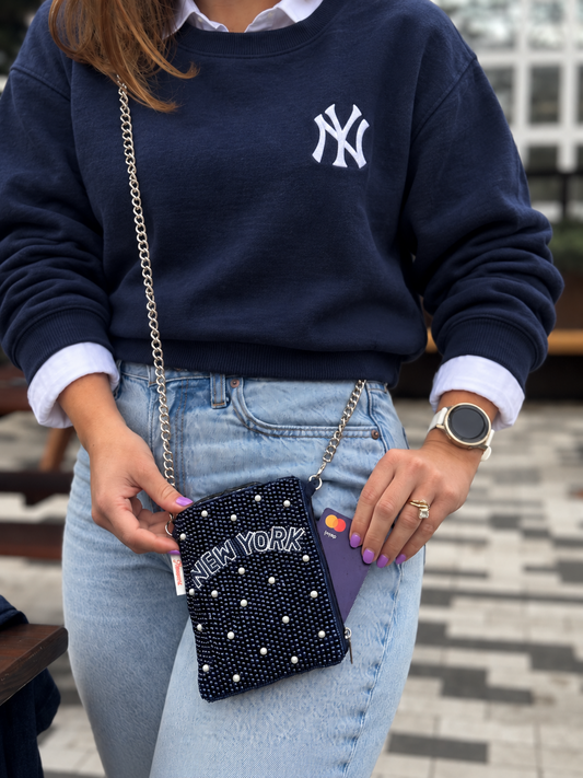 NEW YORK navy beaded cell phone crossbody with chain strap