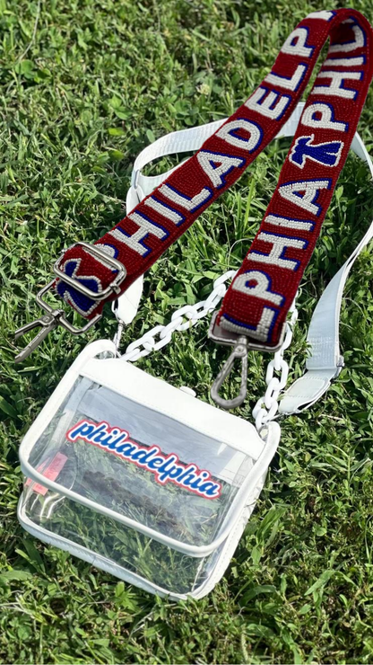 philadelphia clear bag with PHILADELPHIA Red, White and Blue beaded strap