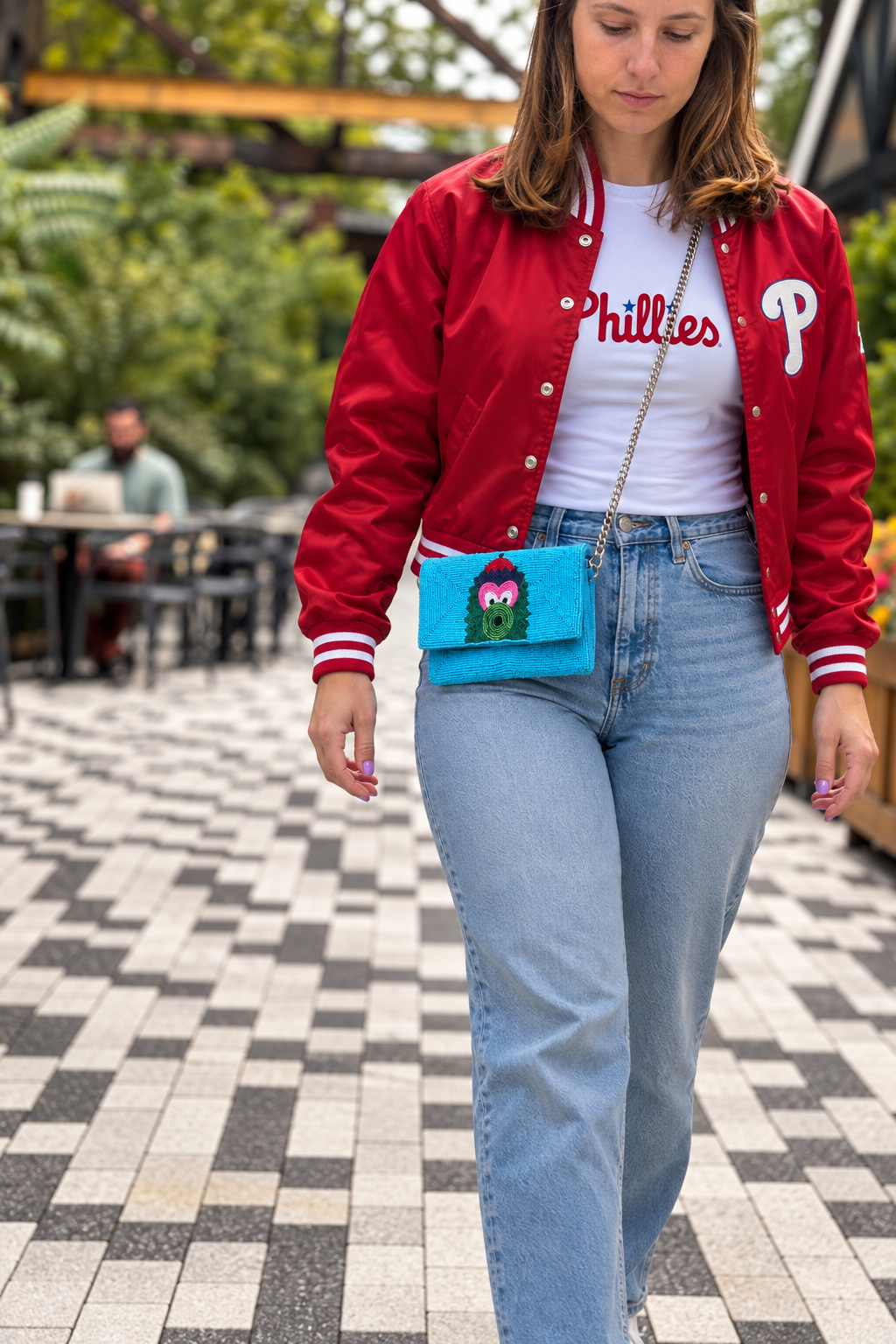 Light blue Philadelphia baseball mascot beaded stadium-approved clutch