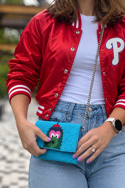 Light blue Philadelphia baseball mascot beaded stadium-approved clutch