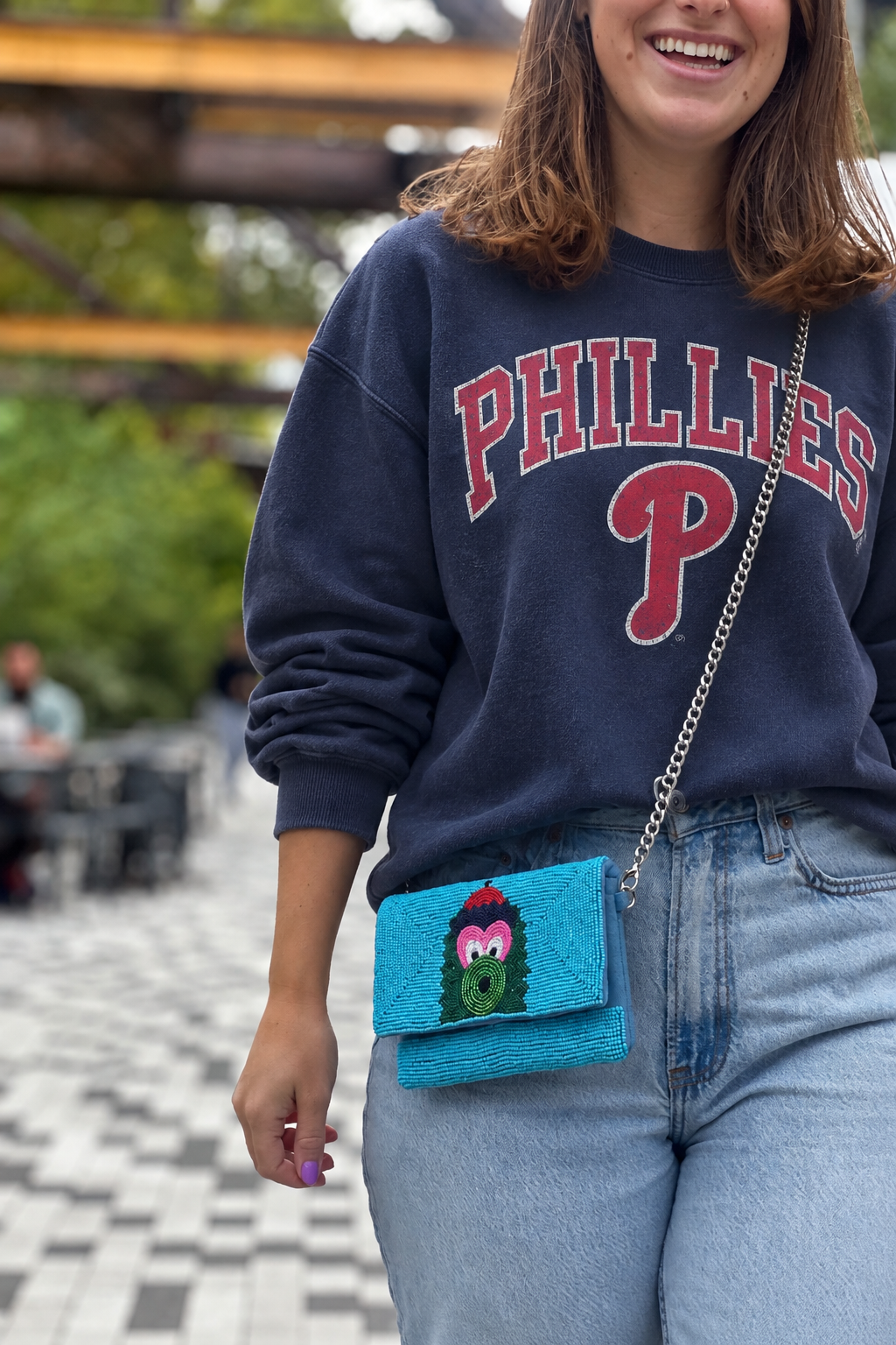 Light blue Philadelphia baseball mascot beaded stadium-approved clutch