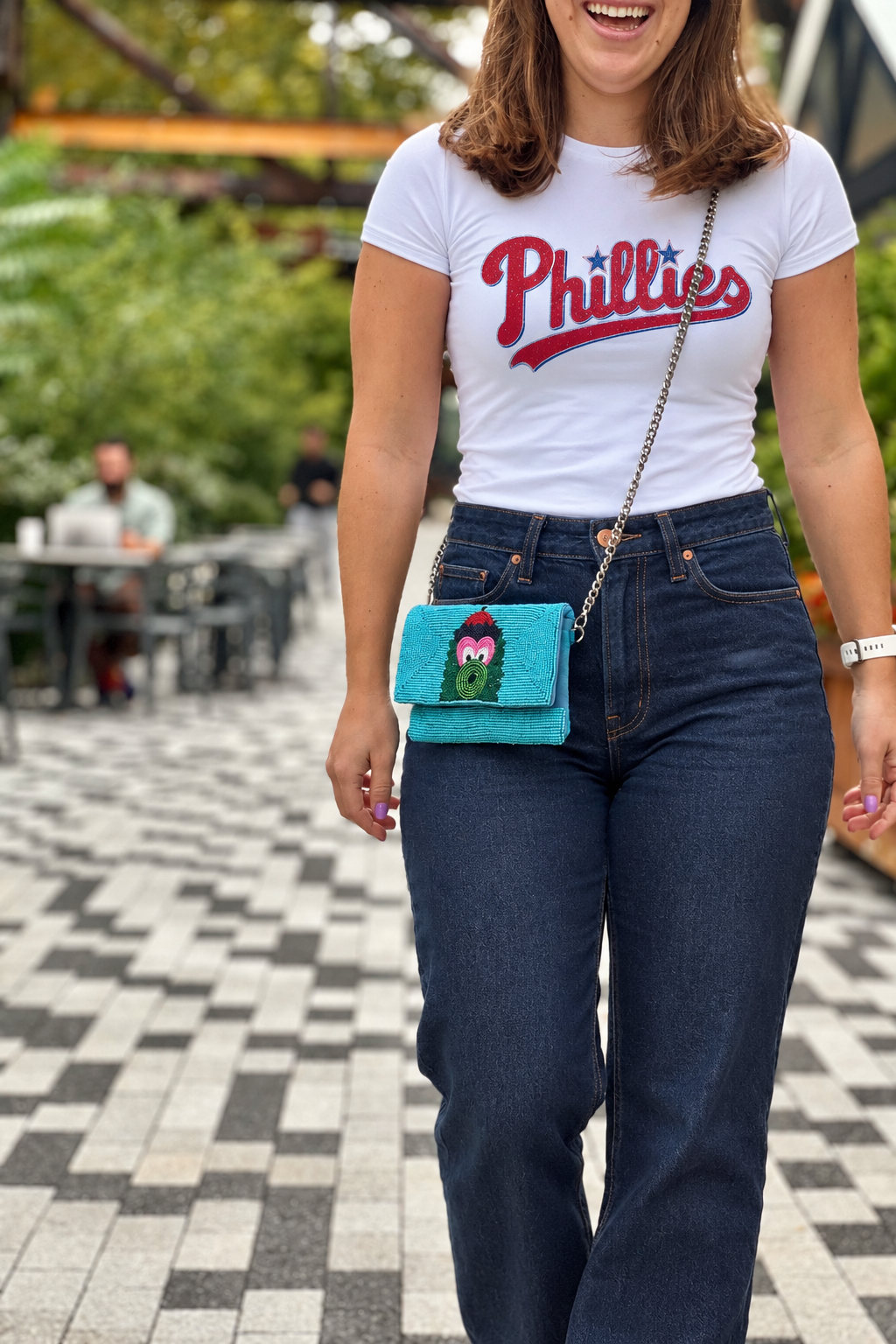 Light blue Philadelphia baseball mascot beaded stadium-approved clutch